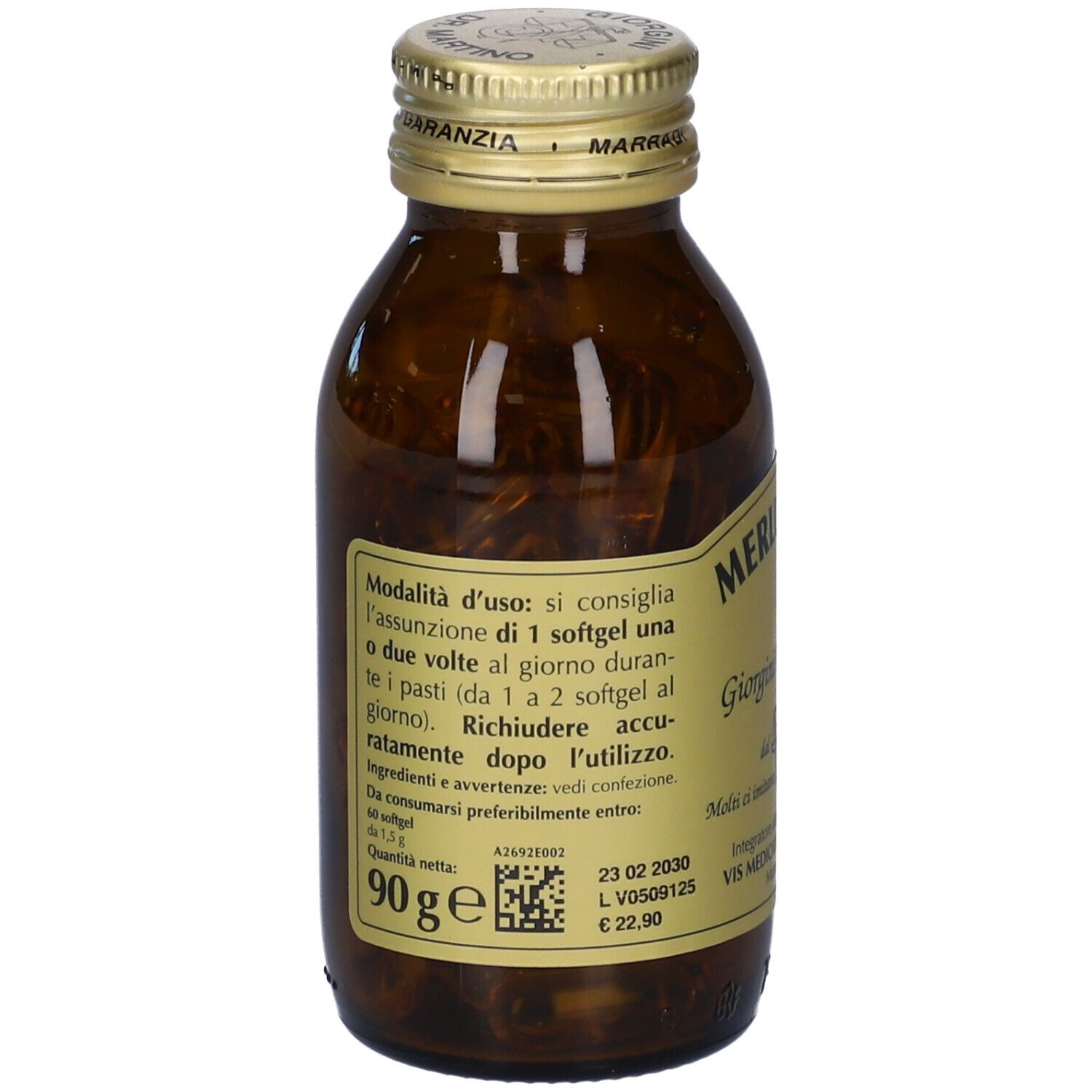 Bottiglia di vetro marrone con tappo dorato. Etichetta con informazioni sul prodotto e testo. 90g.