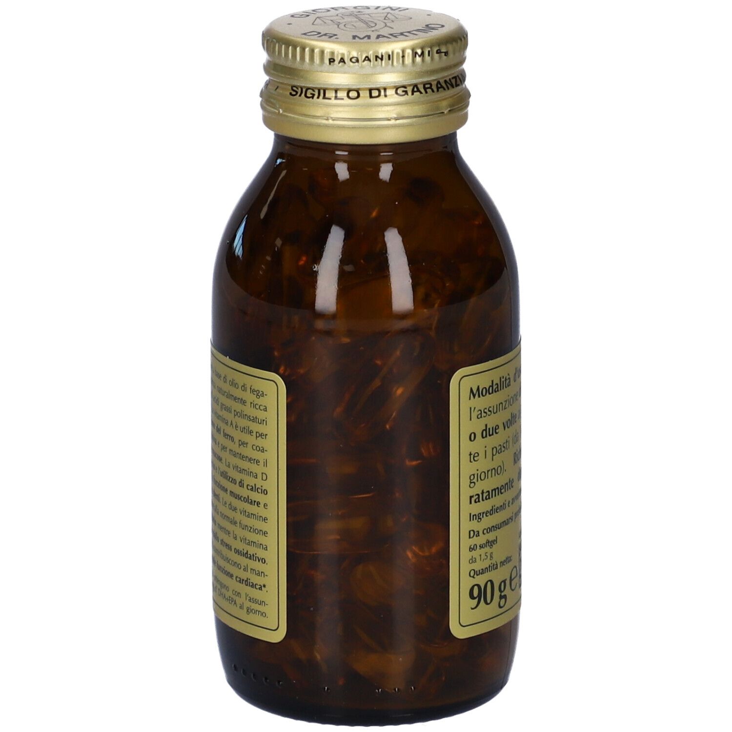 Bottiglia di vetro marrone con tappo dorato, piena di softgel gialli. Etichetta con testo.