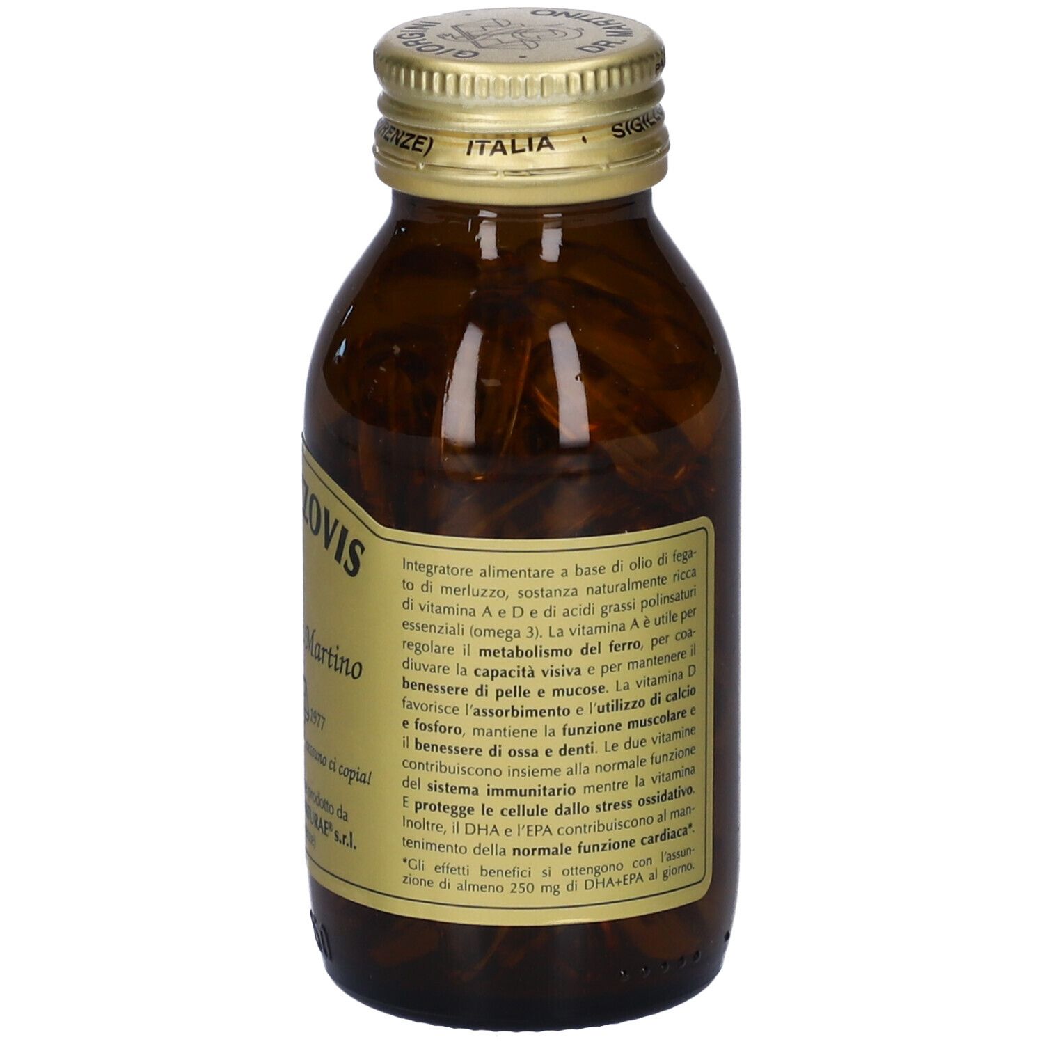 Bottiglia di vetro marrone con tappo dorato, piena di softgel gialli. Etichetta con testo.