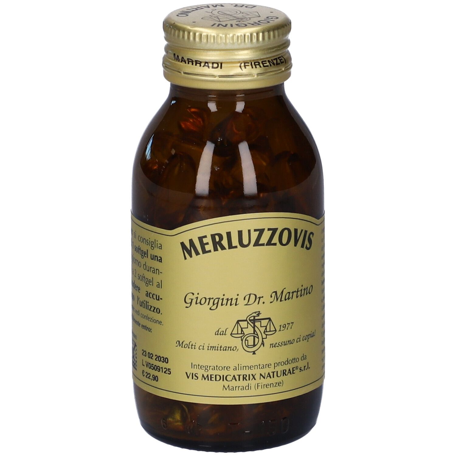 Bottiglia di vetro marrone con tappo dorato. Etichetta con informazioni sul prodotto e testo.