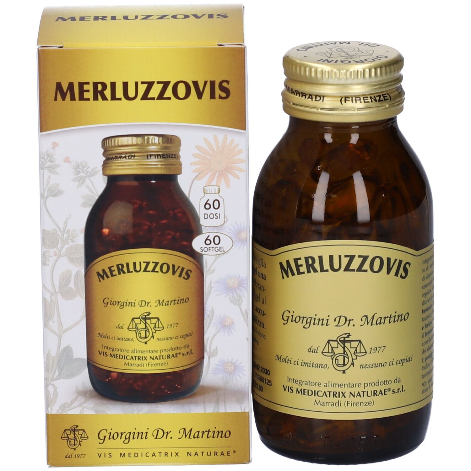 Bottiglia e scatola del prodotto. Bottiglia con tappo dorato, piena di softgel. Scatola con nome del prodotto.