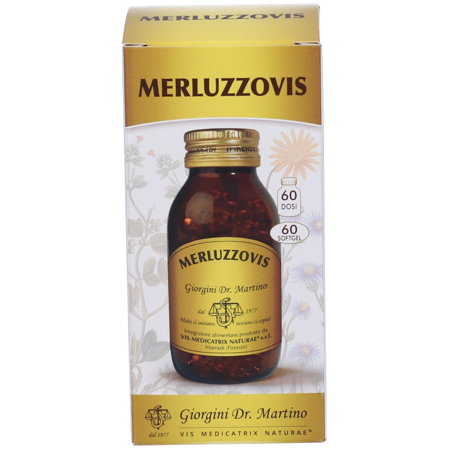 Bottiglia e scatola del prodotto. Bottiglia con tappo dorato. Scatola con nome del prodotto e numero di softgel.