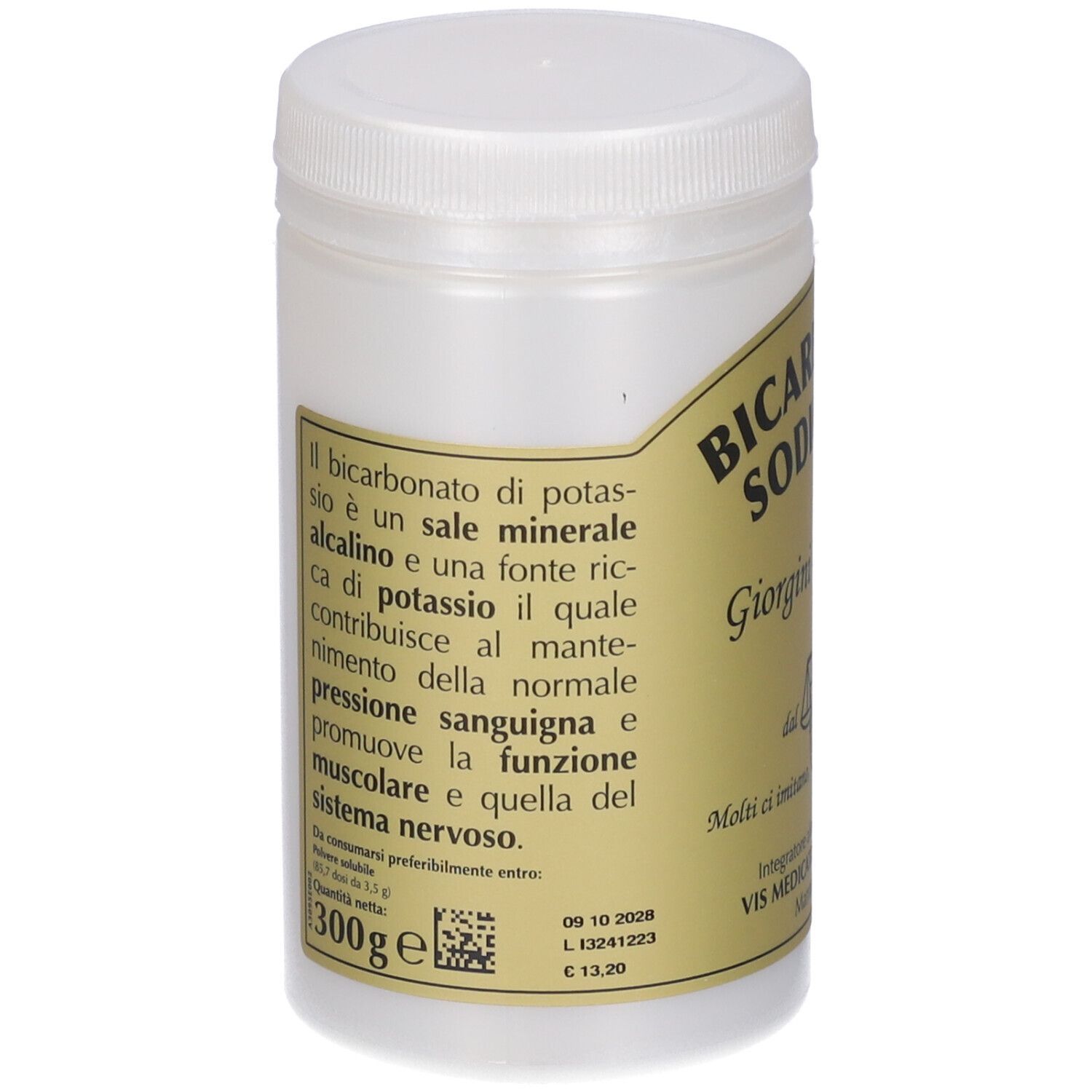 Barattolo bianco con coperchio. Etichetta con testo e informazioni. Testo: 300g, Bicarbonato Sodiozero, Giorgini Dr. Martino.