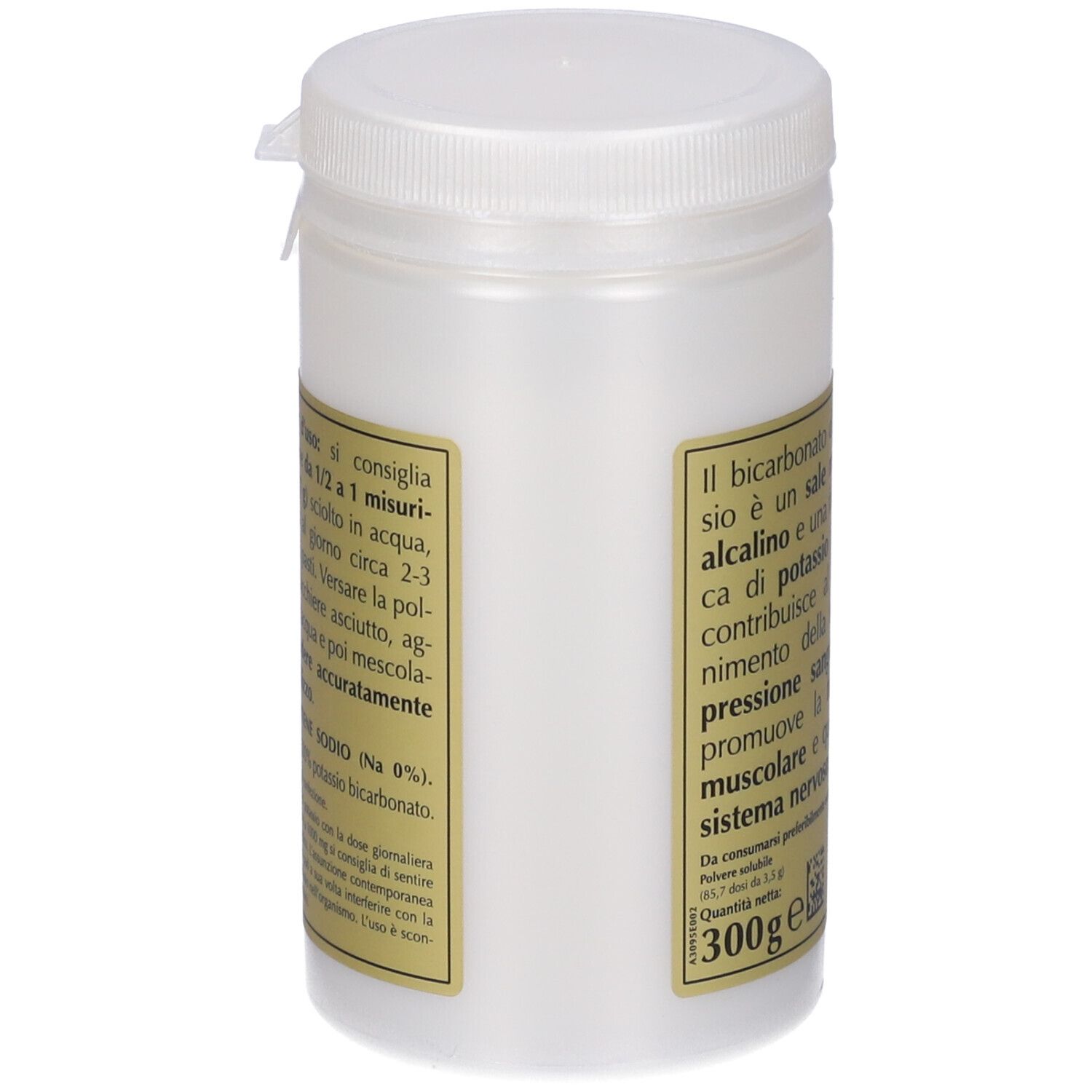 Barattolo bianco con coperchio. Etichetta con testo e informazioni. Testo: 300g, Bicarbonato Sodiozero, Giorgini Dr. Martino.