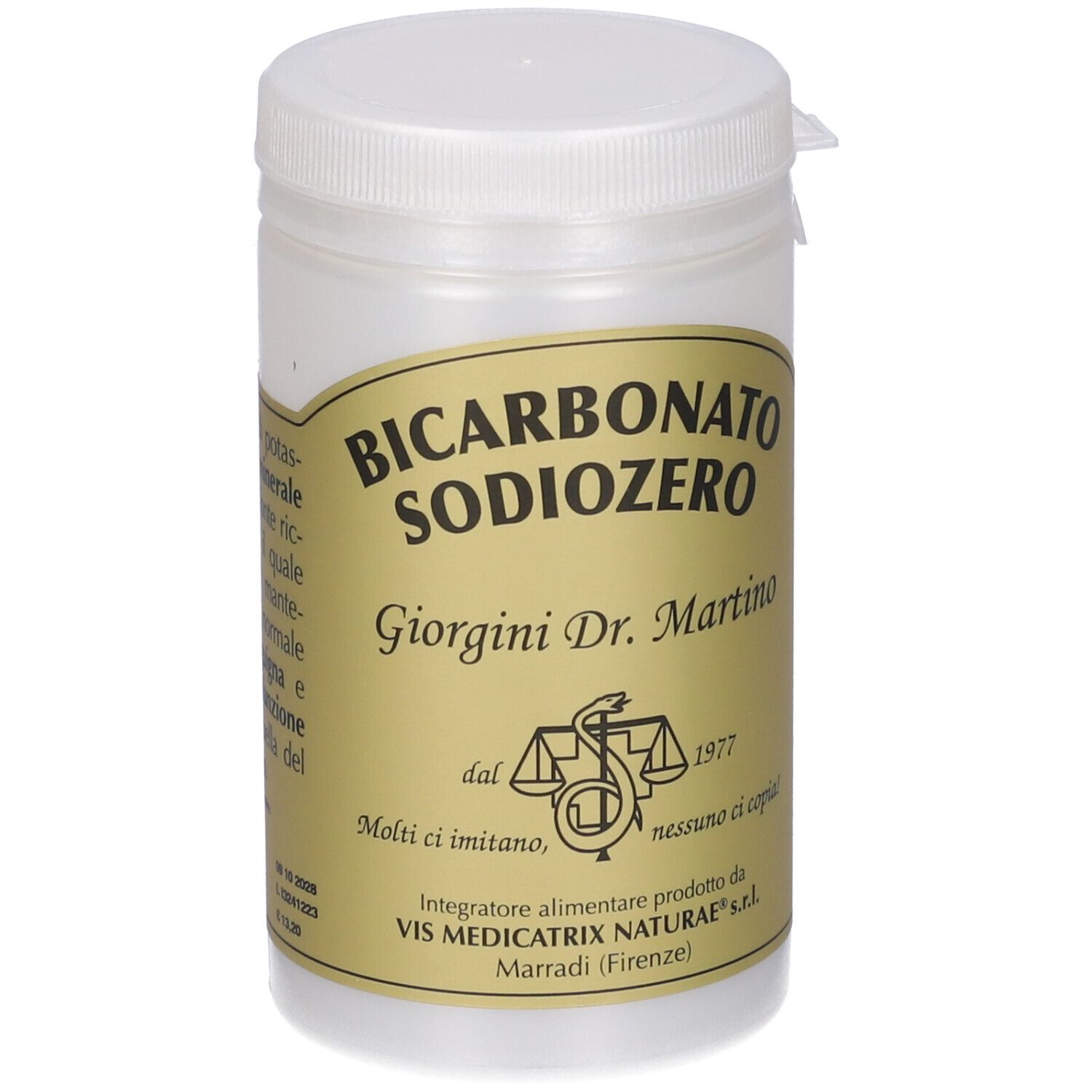 Barattolo bianco con coperchio. Etichetta con testo: Bicarbonato Sodiozero, Giorgini Dr. Martino. Sfondo dorato.