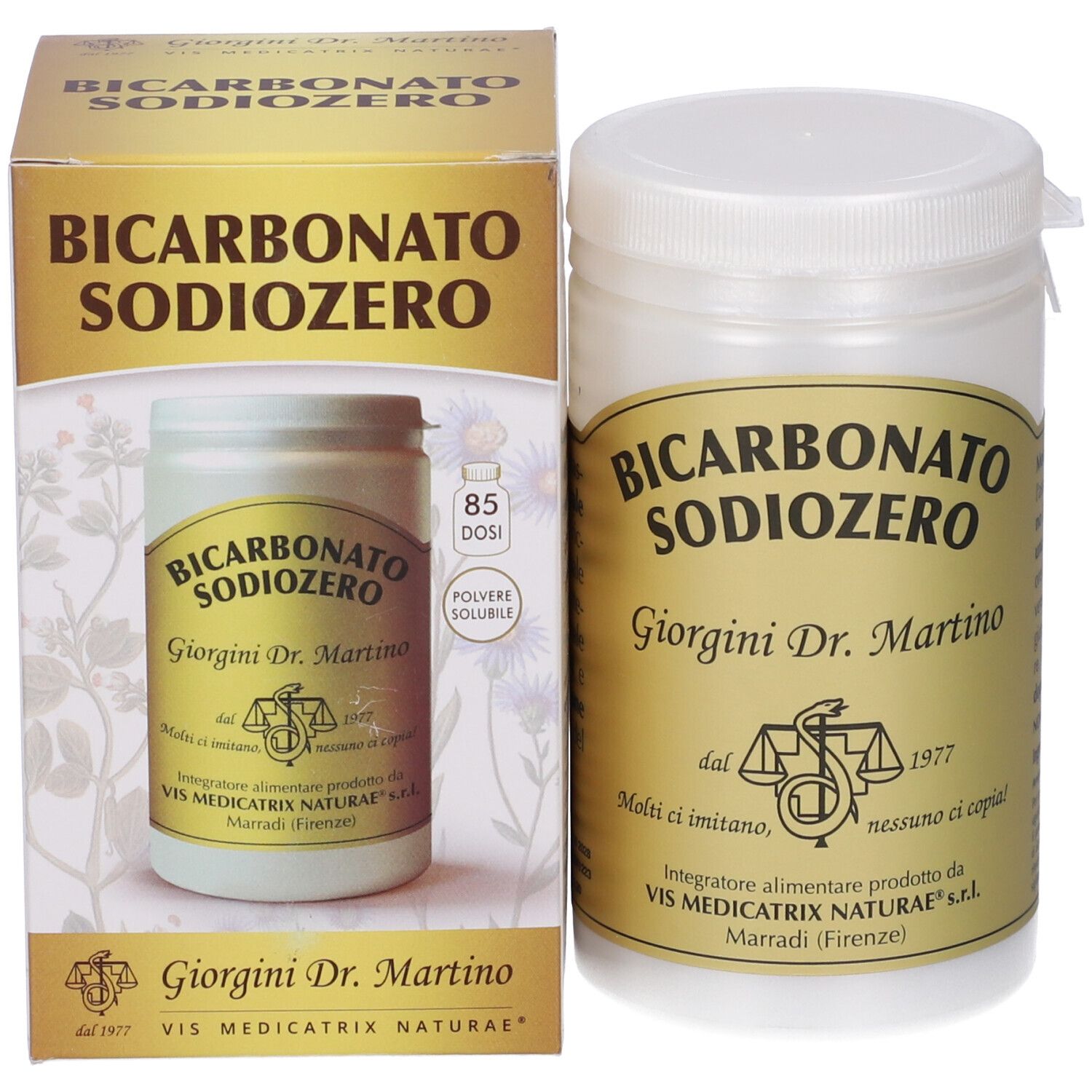 Confezione e barattolo del prodotto. Barattolo: Bicarbonato Sodiozero, Giorgini Dr. Martino. Confezione: Bicarbonato Sodiozero, 85 dosi.