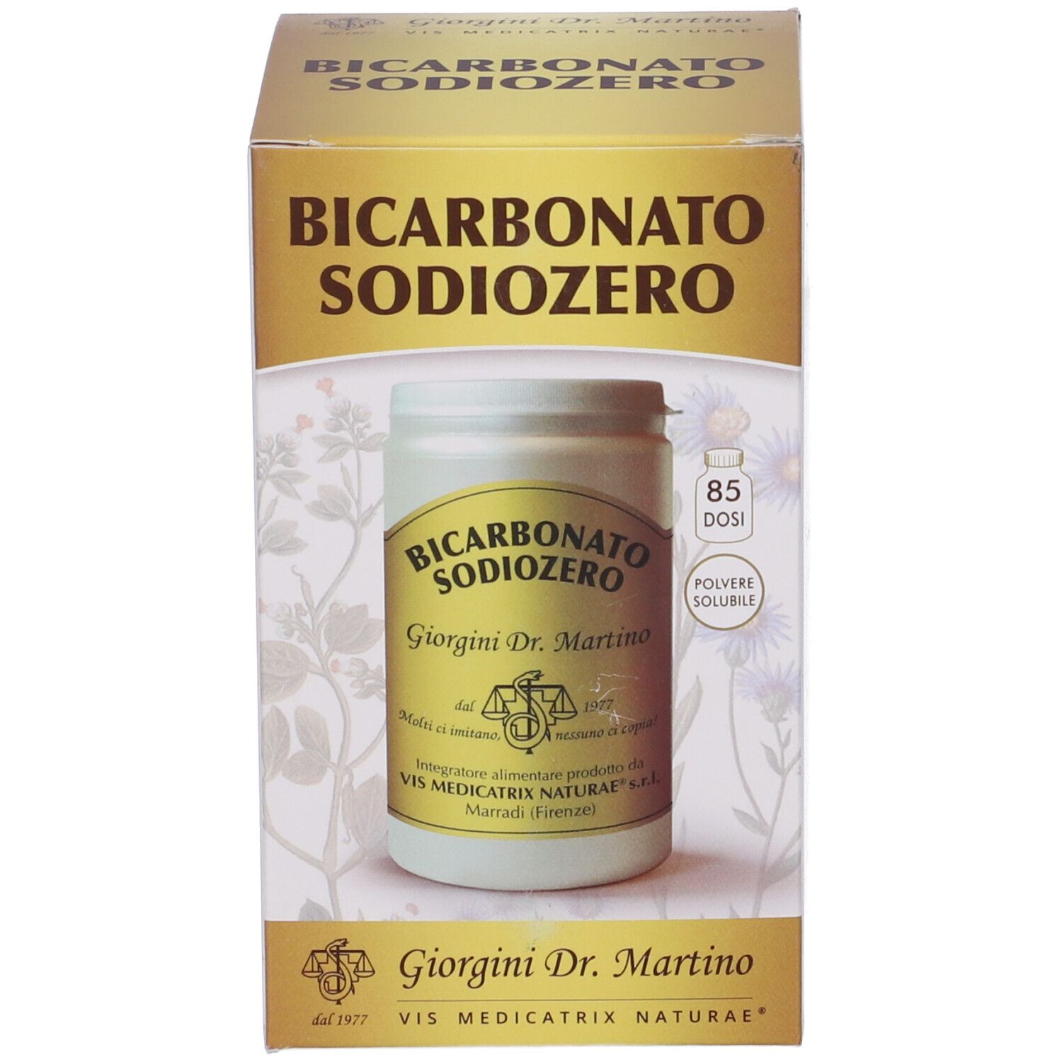 Confezione del prodotto. Testo: Bicarbonato Sodiozero, Giorgini Dr. Martino, 85 dosi. Sfondo dorato.