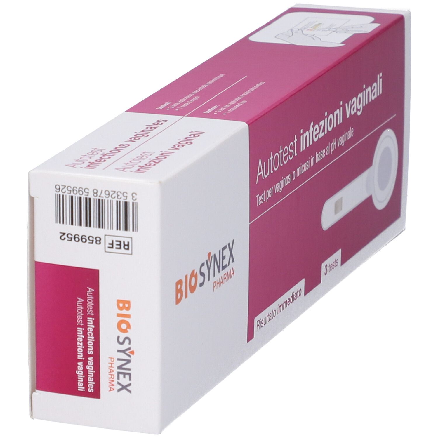 Scatola 'Autotest infezioni vaginali'. Logo Biosynex. Test. Vista angolata.