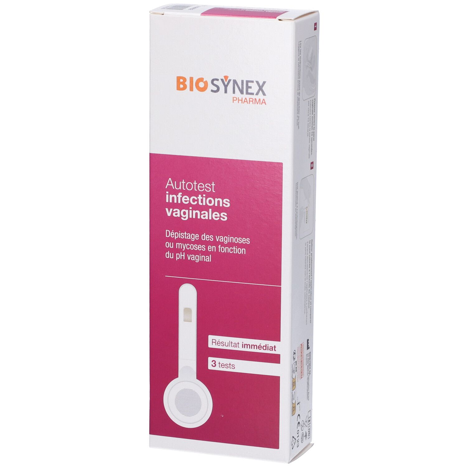 Scatola 'Autotest infezioni vaginali'. Logo Biosynex. Test. Vista verticale.