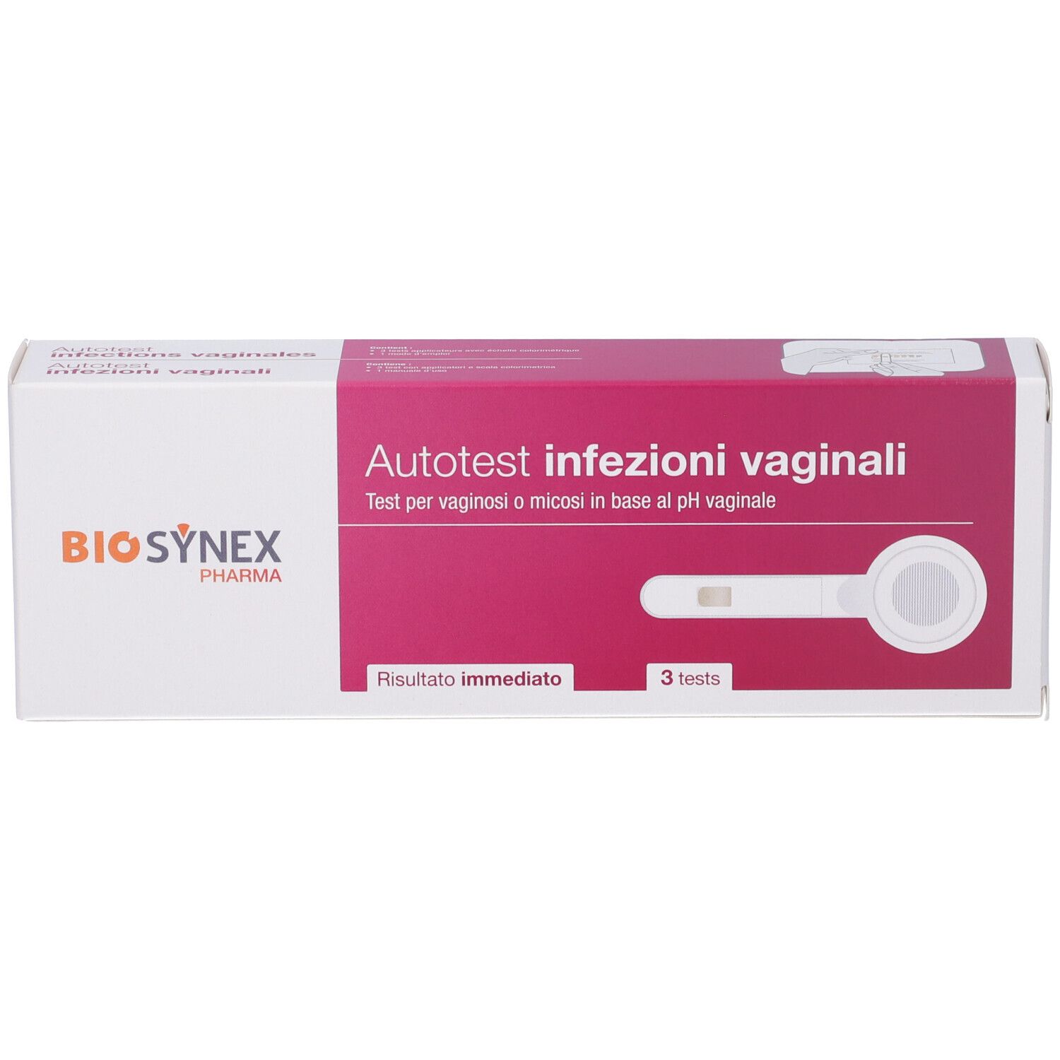 Scatola 'Autotest infezioni vaginali'. Logo Biosynex. Immagine del test.