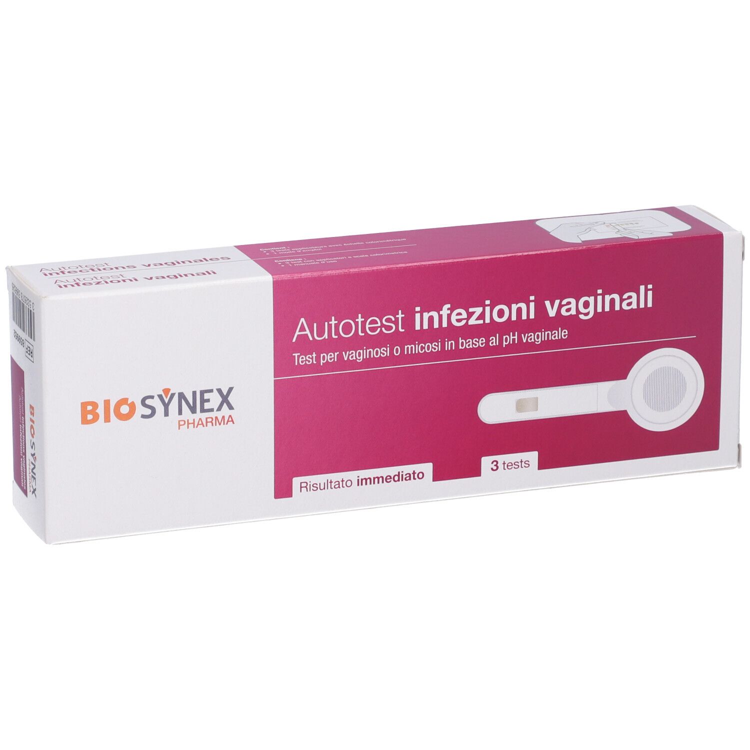 Scatola 'Autotest infezioni vaginali'. Logo Biosynex. Immagine del test.