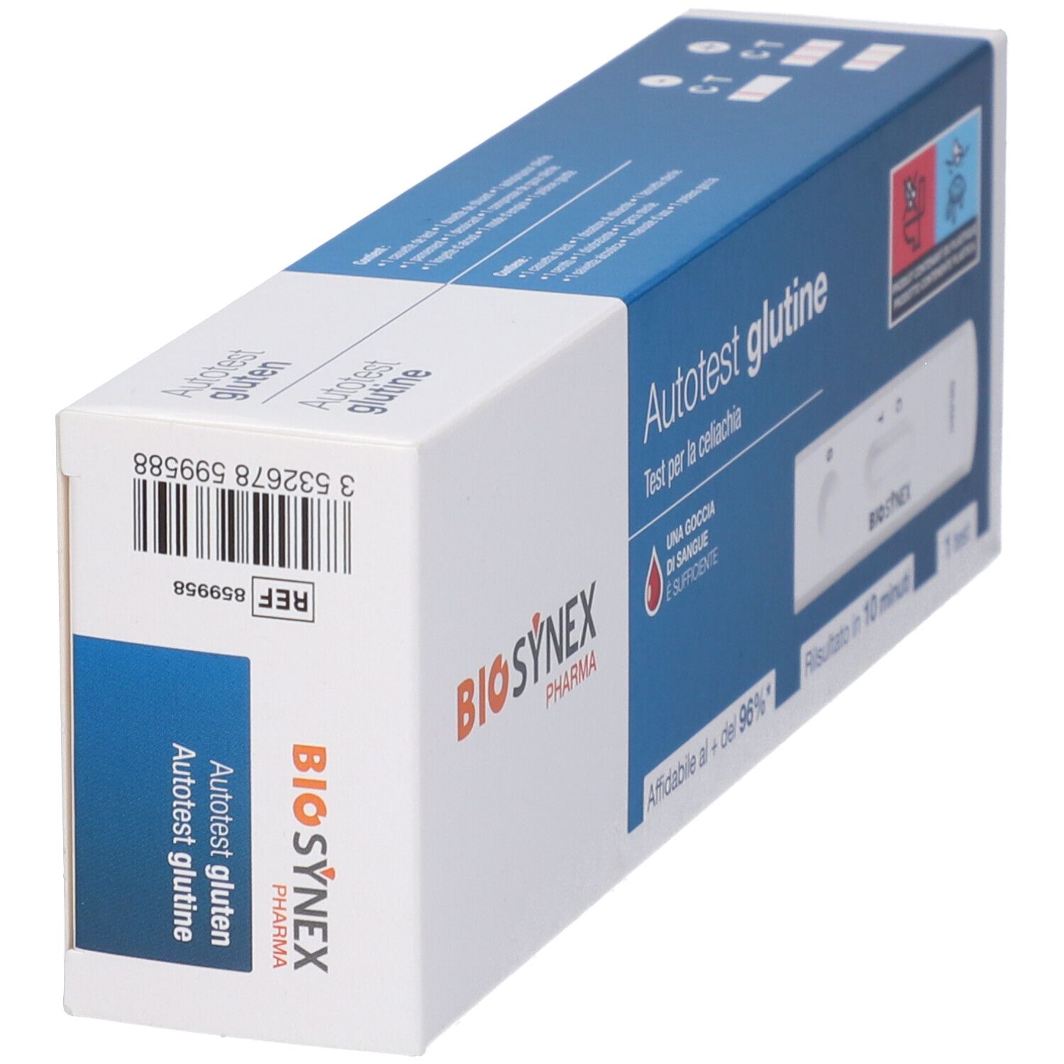 Scatola "Autotest glutine" di Biosynex Pharma. Contiene striscia reattiva. Scritto: "Una goccia di sangue è sufficiente".