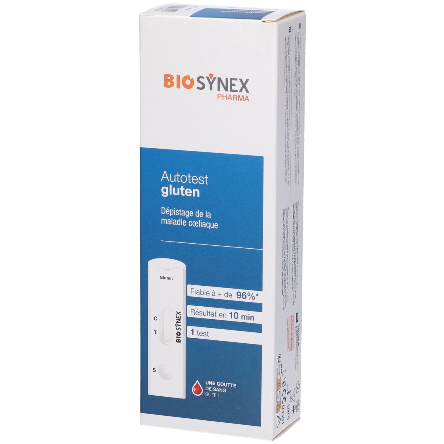Scatola "Autotest glutine" di Biosynex Pharma. Striscia reattiva per celiachia. Risultato in 10 min. Affidabile al 96%.
