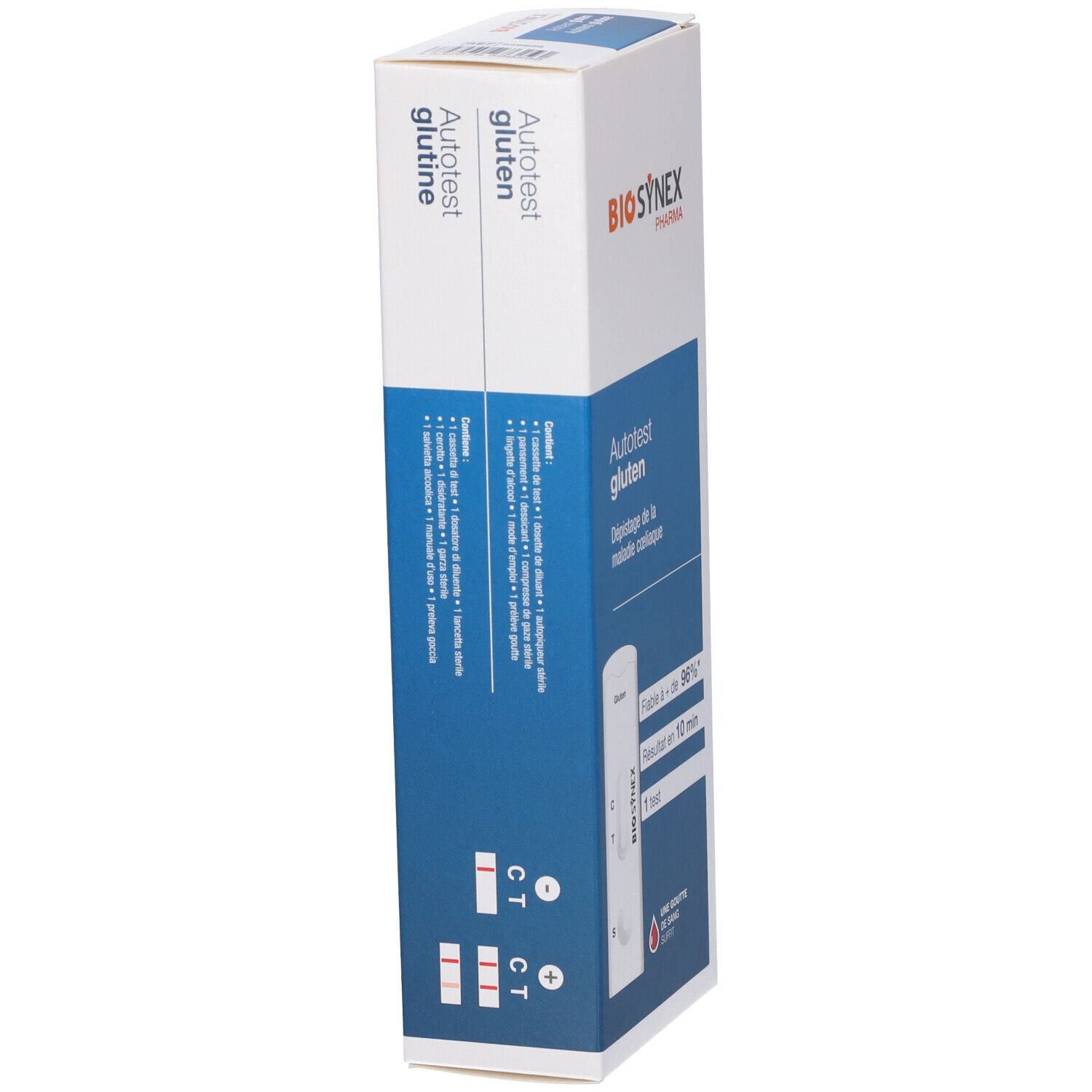 Due scatole "Autotest glutine" di Biosynex Pharma. Strisce reattive per celiachia. Risultato in 10 minuti. Affidabile al 96%.