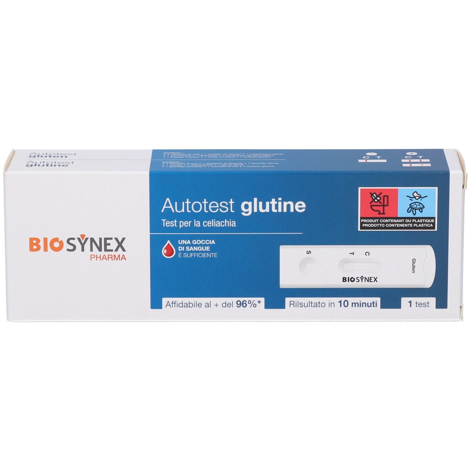 Scatola "Autotest glutine" di Biosynex Pharma. Striscia reattiva per celiachia. Risultato in 10 min. Affidabile al 96%.