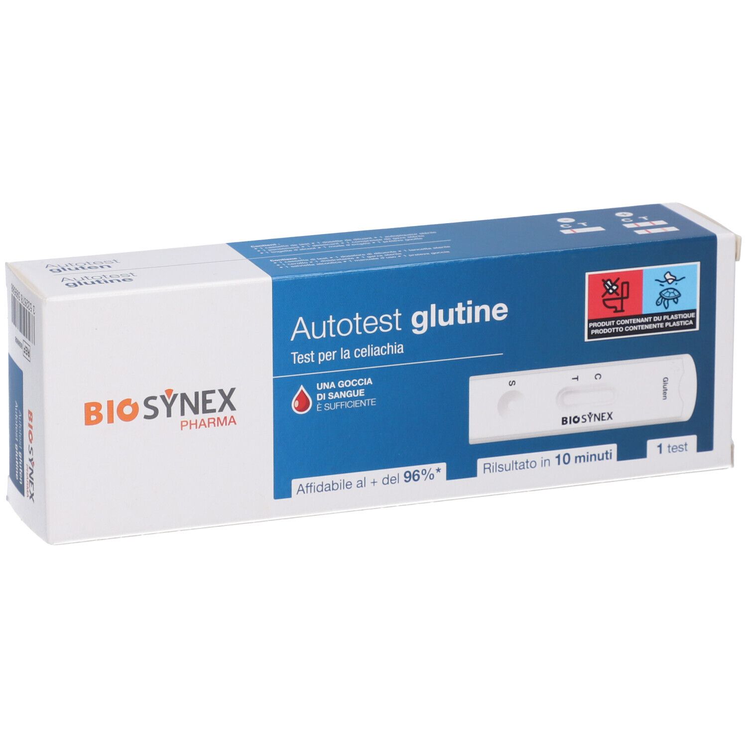 Scatola "Autotest glutine" di Biosynex Pharma. Striscia reattiva per celiachia. Risultato in 10 min. Affidabile al 96%.