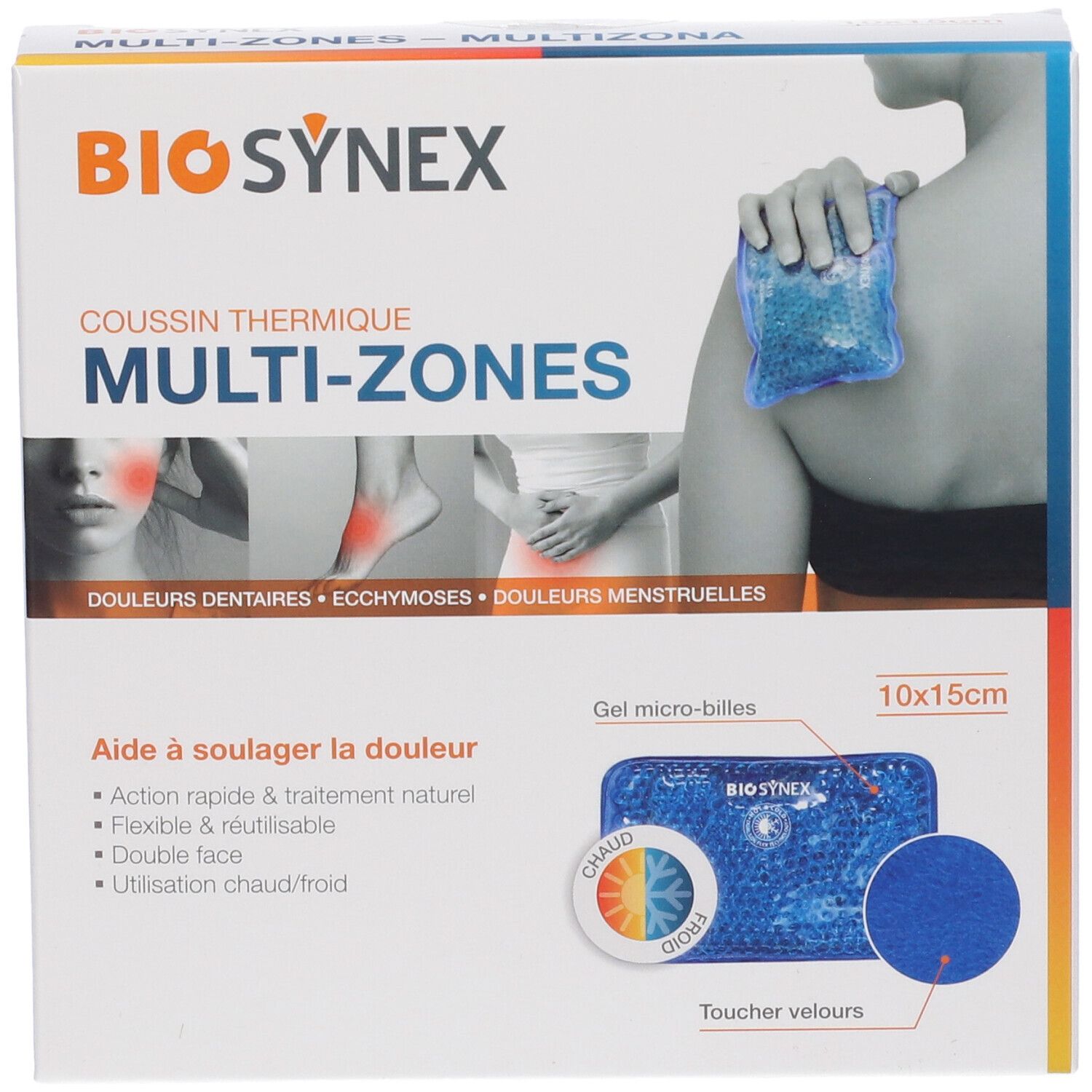 Confezione di Biosynexgel Microsfere Multizona. Scritte: Multi-Zones, 10x15cm, Gel micro-billes, Toucher velours. Illustrazioni di aree doloranti.