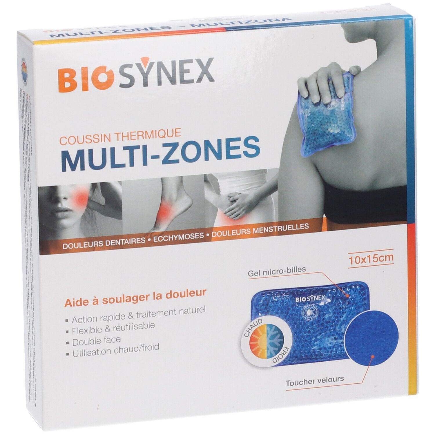 Confezione di Biosynexgel Microsfere Multizona. Scritte: Multi-Zones, 10x15cm, Gel micro-billes, Toucher velours. Illustrazioni di aree doloranti.