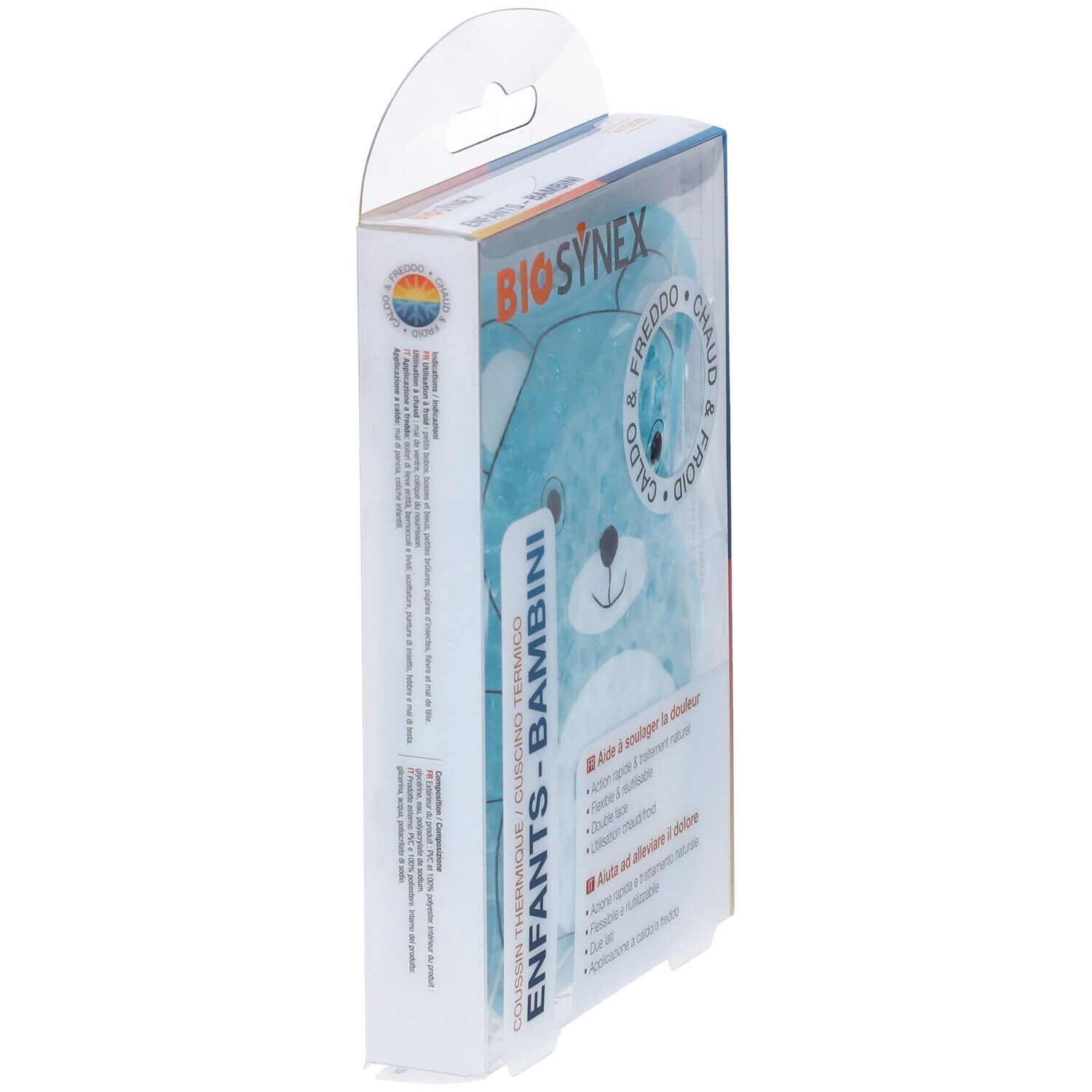 Confezione con cuscino termico blu a forma di orso. Testo: BIO SYNEX, ENFANTS-BAMBINI, CALDO & FREDDO.