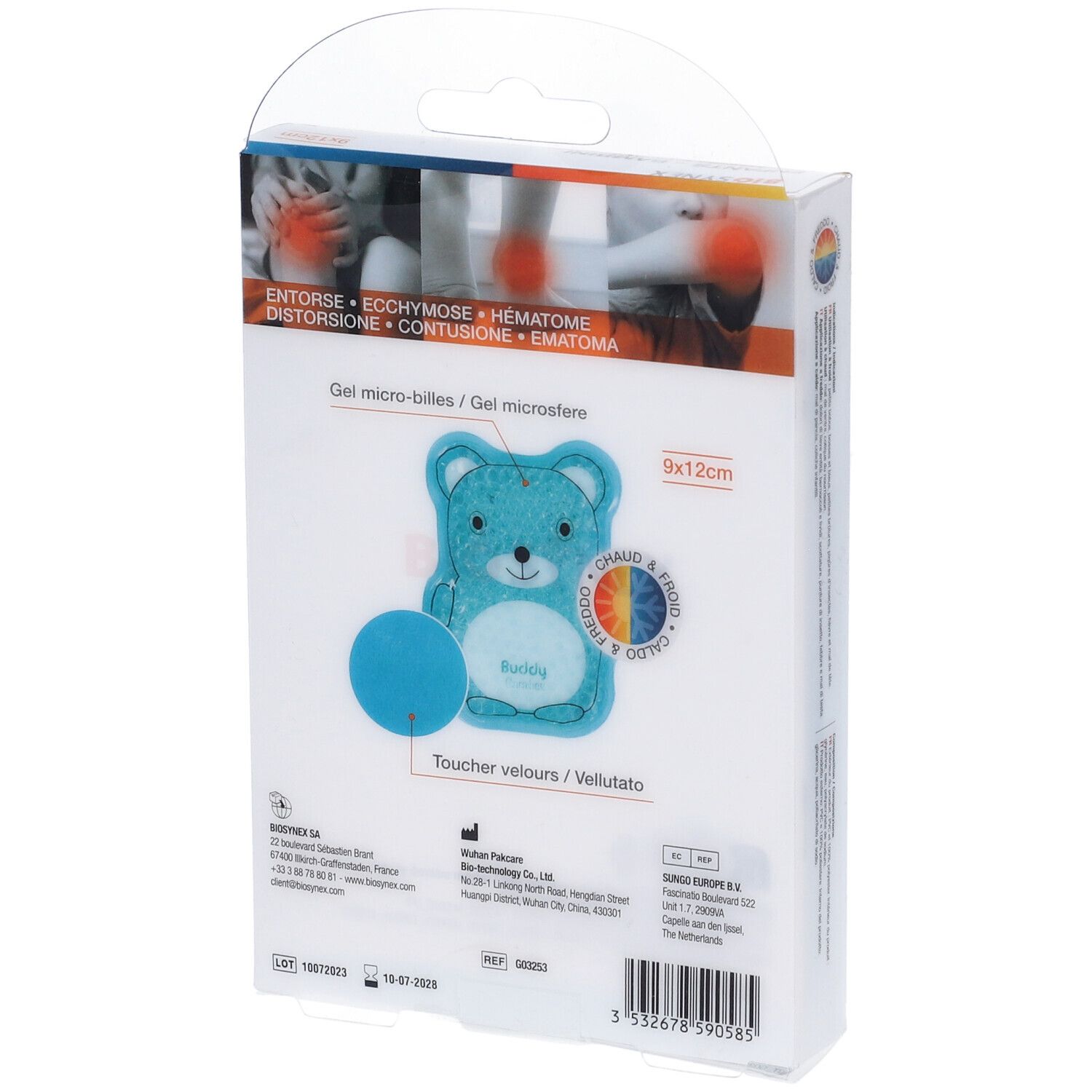 Confezione con cuscino in gel micro-sferule blu a forma di orso. Dimensione 9x12cm. Testo: Buddy, Gel micro-billes.
