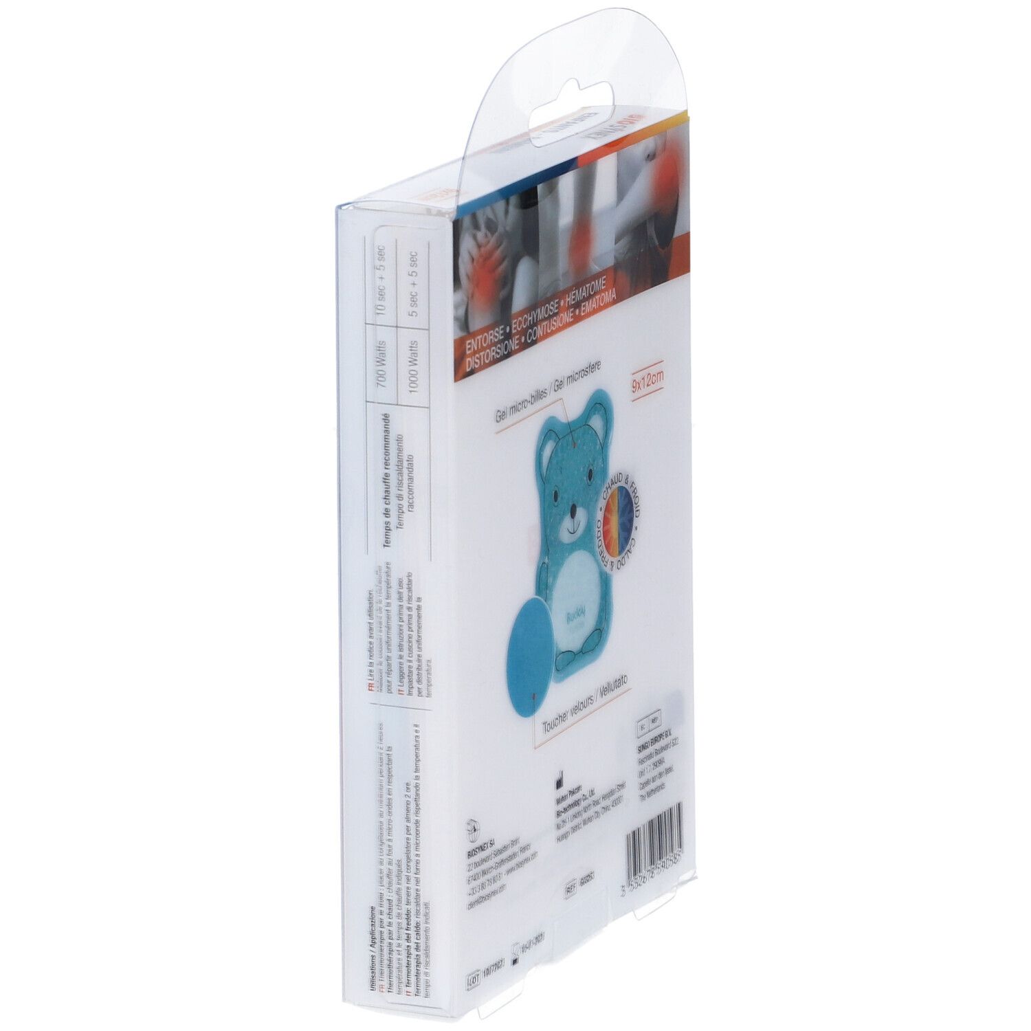 Confezione con cuscino in gel micro-sferule blu a forma di orso. Dimensione 9x12cm. Testo: Buddy, Gel micro-billes.