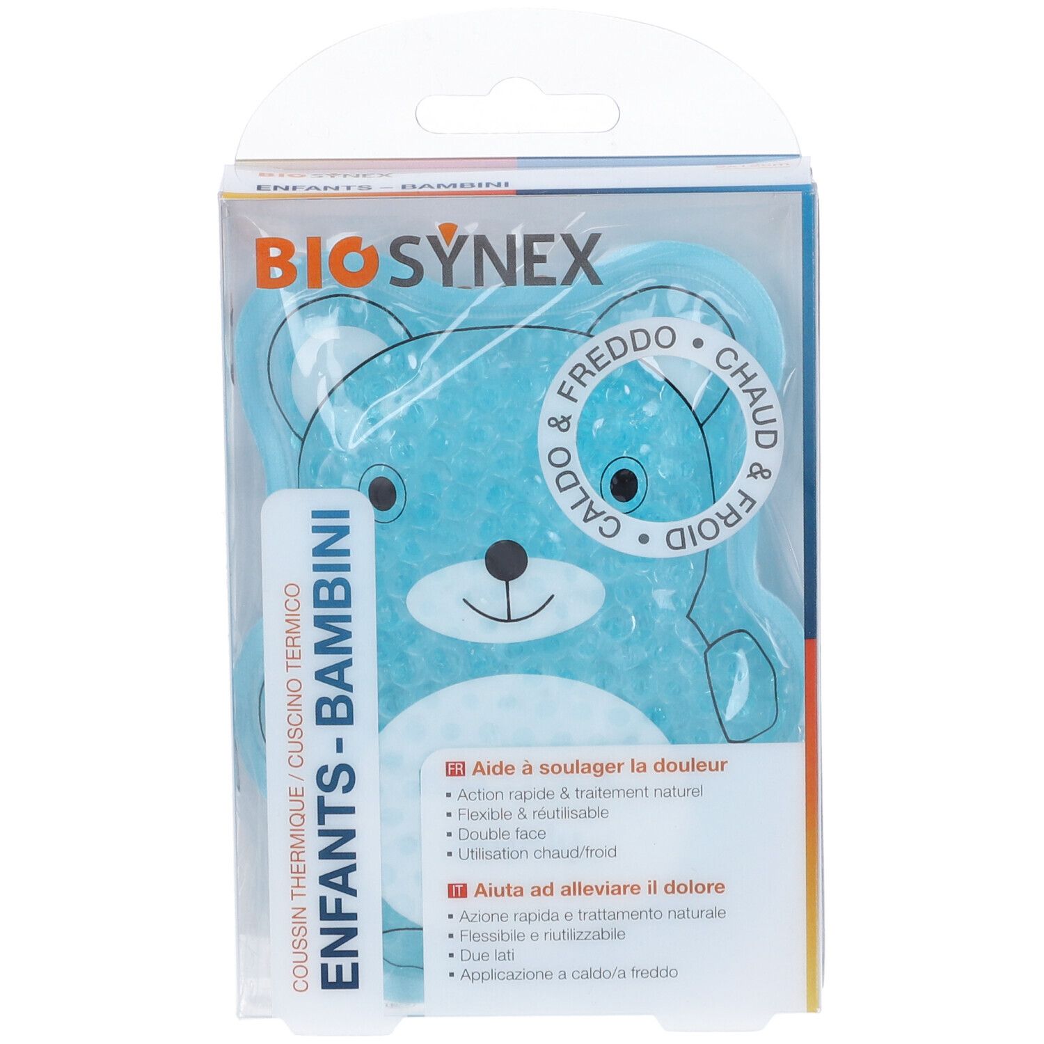 Cuscino termico blu a forma di orso, confezionato. Testo: BIO SYNEX, ENFANTS-BAMBINI, CALDO & FREDDO.