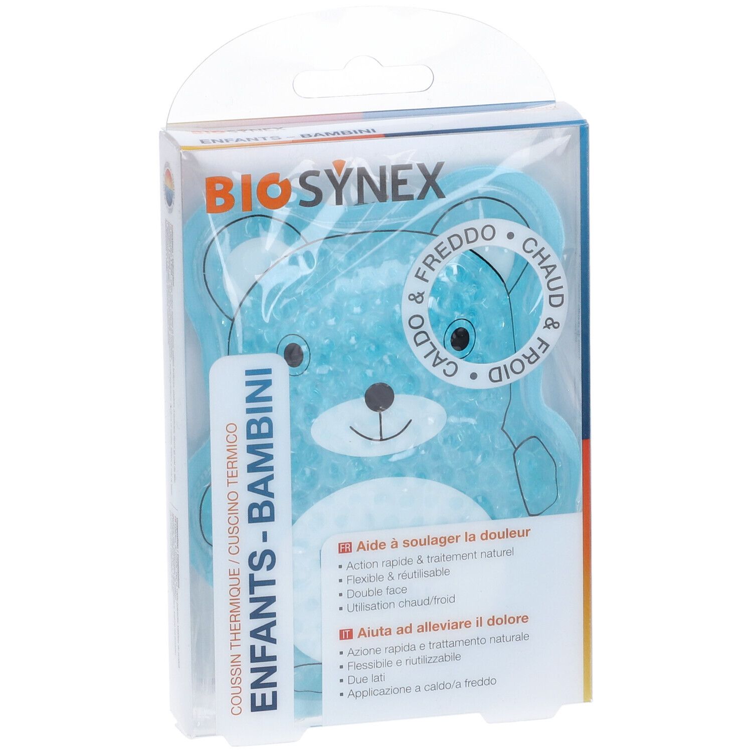 Cuscino termico blu a forma di orso, confezionato. Testo: BIO SYNEX, ENFANTS-BAMBINI, CALDO & FREDDO.