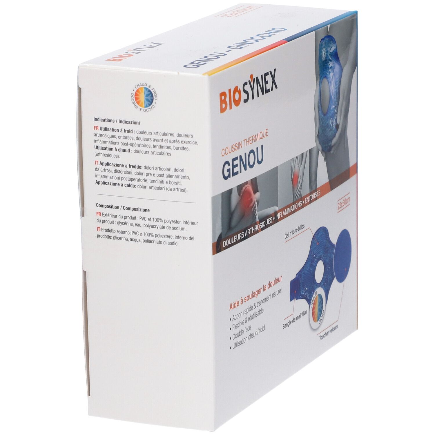 Confezione Kinecaregel Microsfereginocchio. Marca BIO SYNEX. Testo: 'Coussin thermique genou'. Istruzioni e immagine del prodotto.