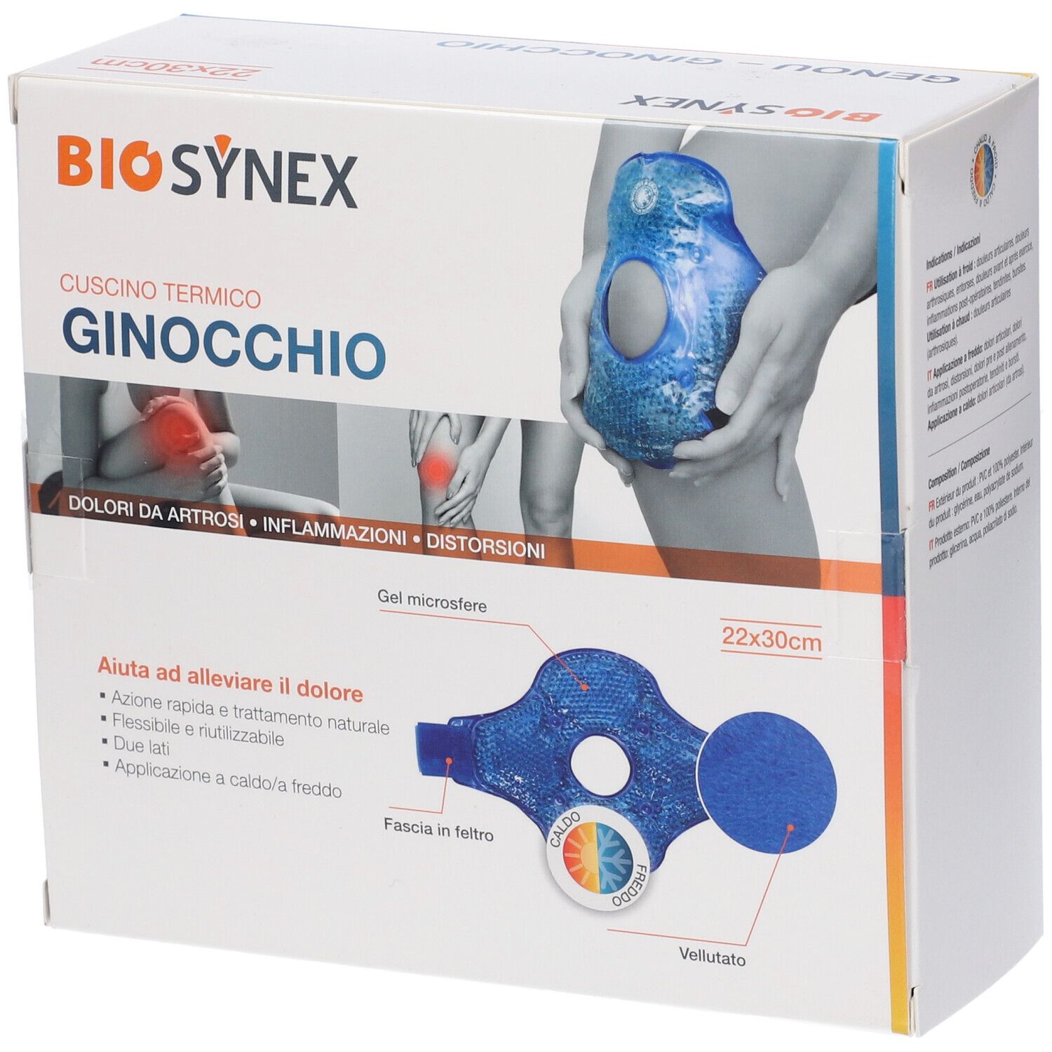 Confezione Kinecaregel Microsfereginocchio. Marca BIO SYNEX. Testo: 'Cuscino termico ginocchio'. Immagine e dimensioni 22x30cm.