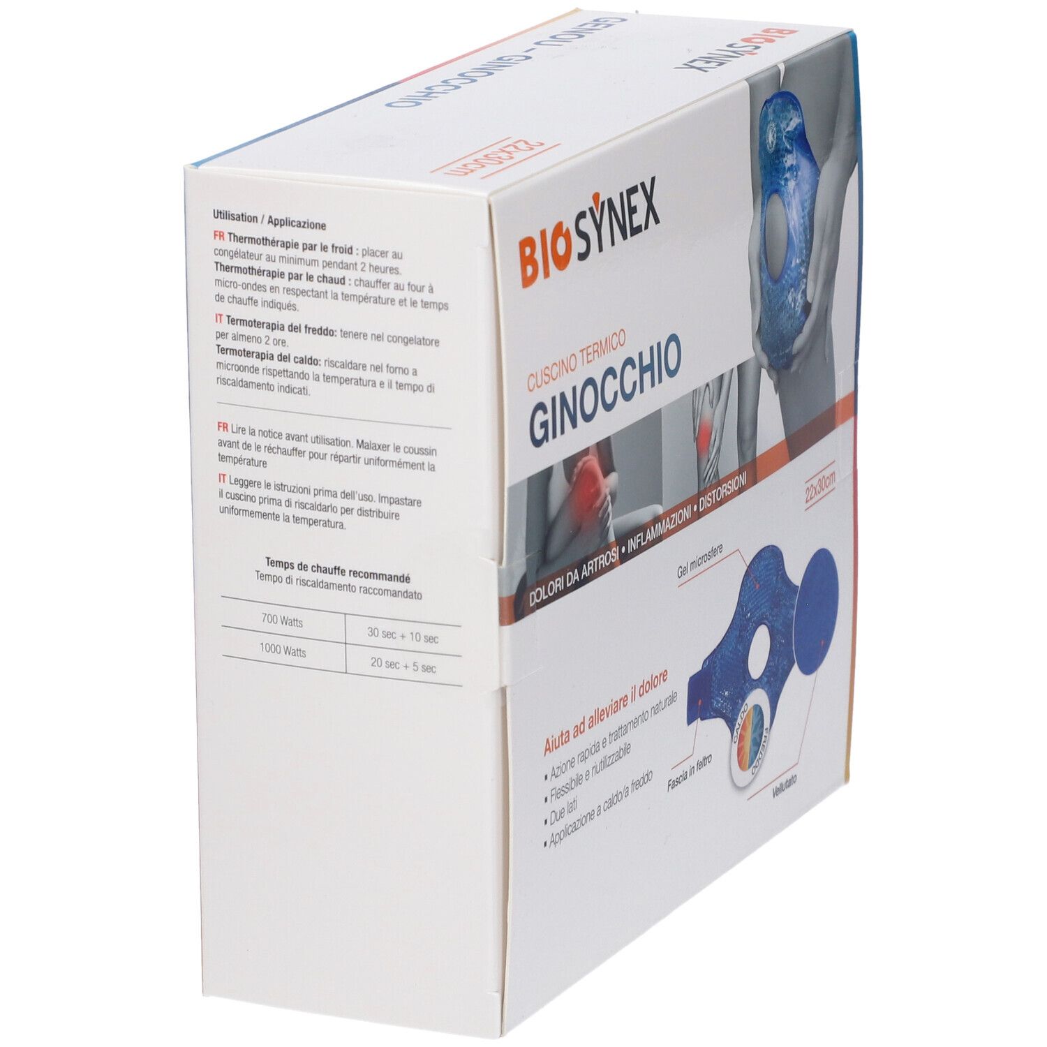 Confezione Kinecaregel Microsfereginocchio. Marca BIO SYNEX. Testo: 'Cuscino termico ginocchio'. Istruzioni e immagine.