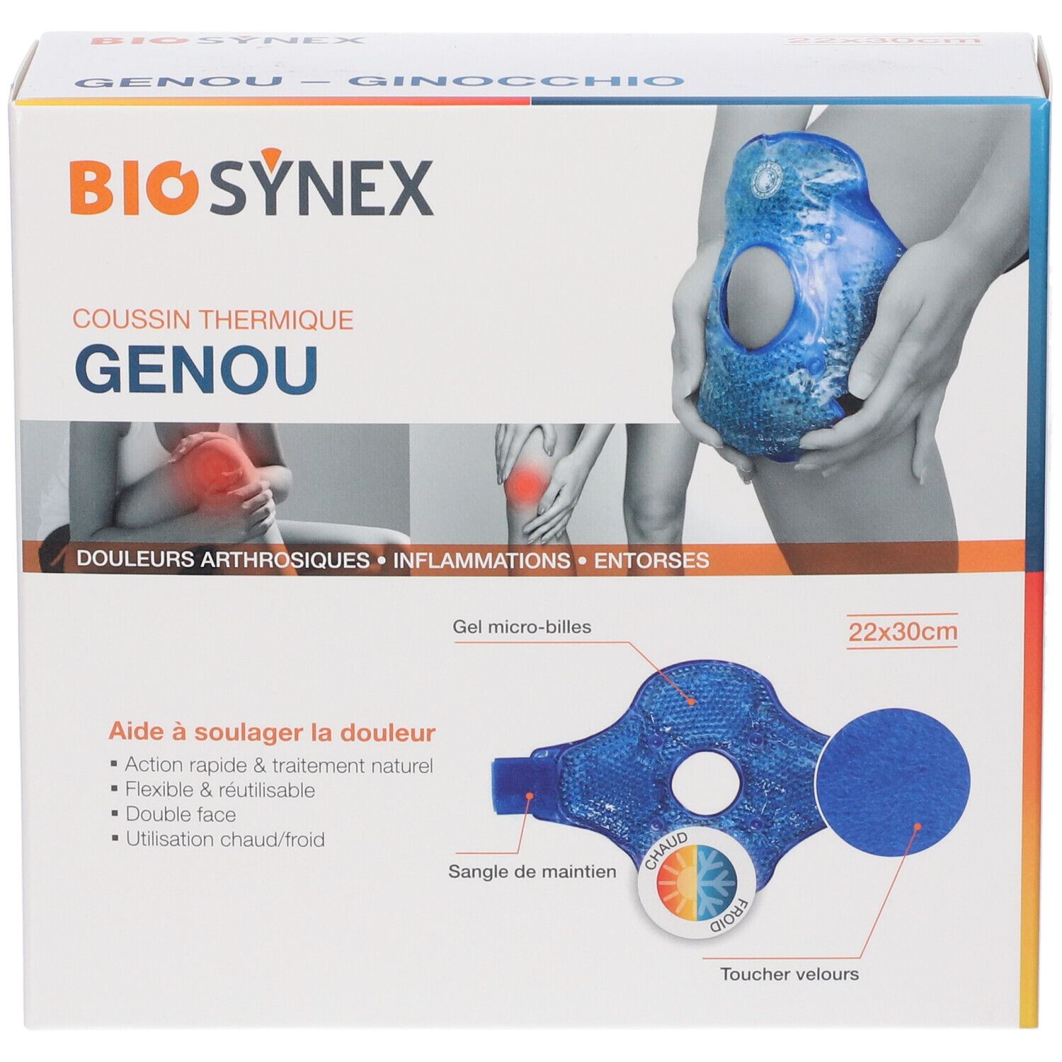 Confezione Kinecaregel Microsfereginocchio. Marca BIO SYNEX. Testo: 'Coussin thermique genou'. Immagine e dimensioni 22x30cm.
