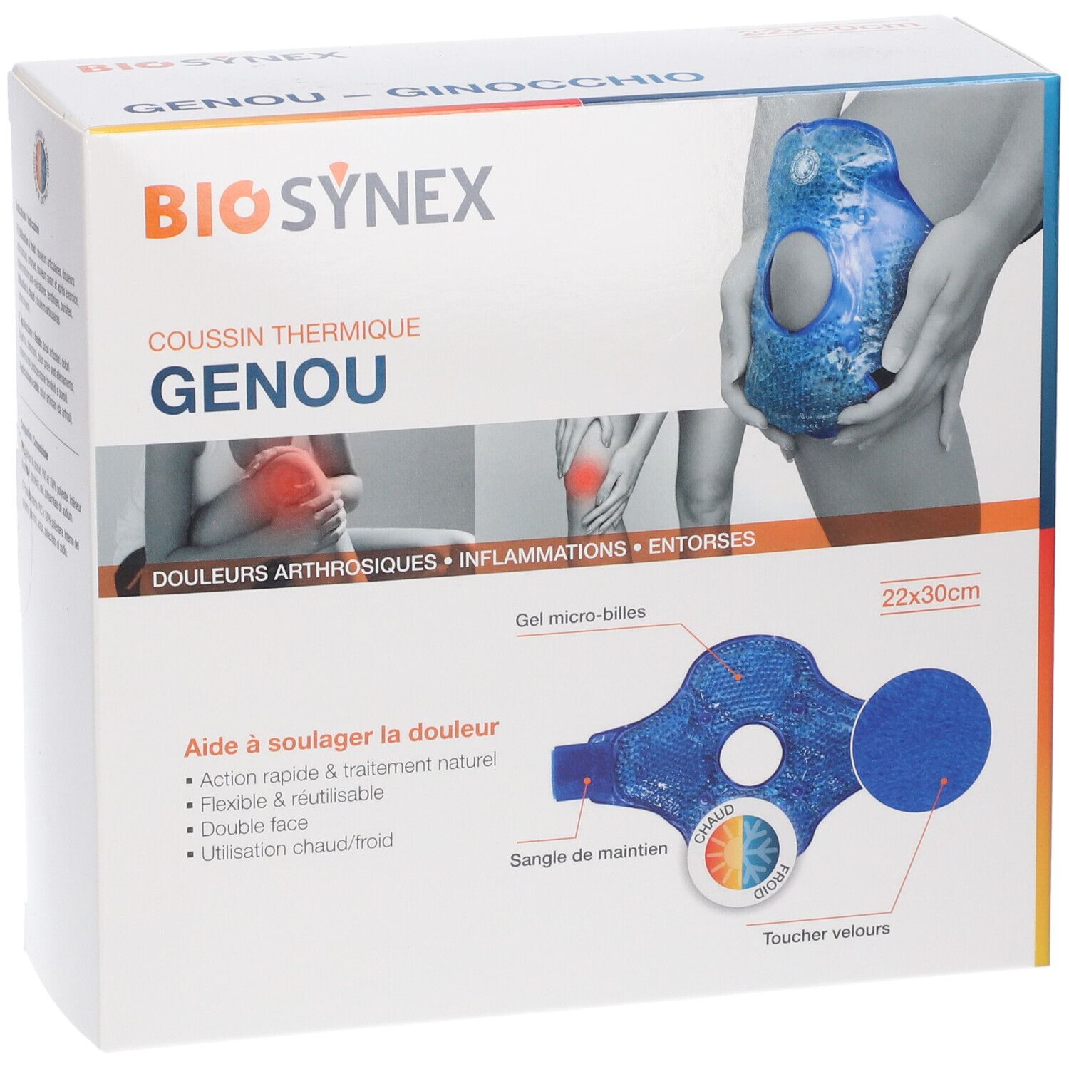 Confezione Kinecaregel Microsfereginocchio. Marca BIO SYNEX. Testo: 'Coussin thermique genou'. Immagine e dimensioni 22x30cm.