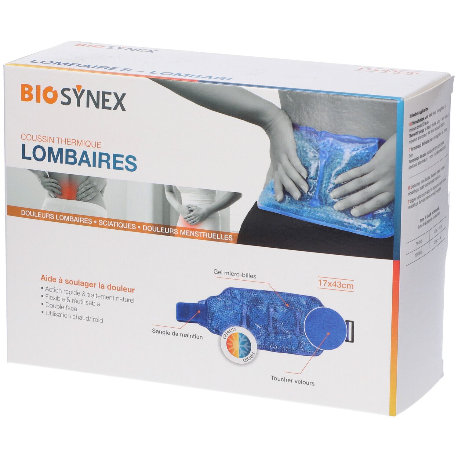 Confezione BIO SYNEX. Cuscino termico lombare, 17x43cm. Immagine del prodotto e dettagli.