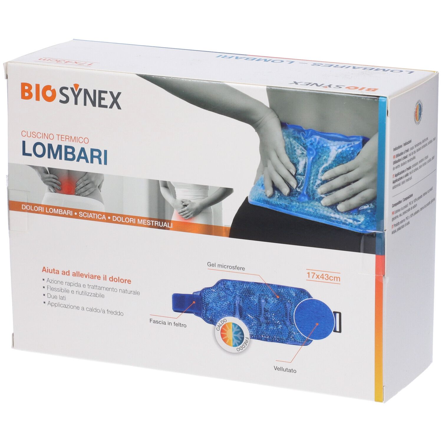 Confezione BIO SYNEX. Cuscino termico lombare, 17x43cm. Immagine del prodotto e dettagli.