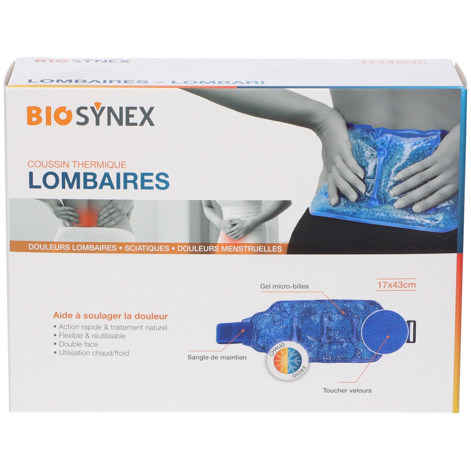Confezione BIO SYNEX. Cuscino termico lombare, 17x43cm. Immagine del prodotto e dettagli.