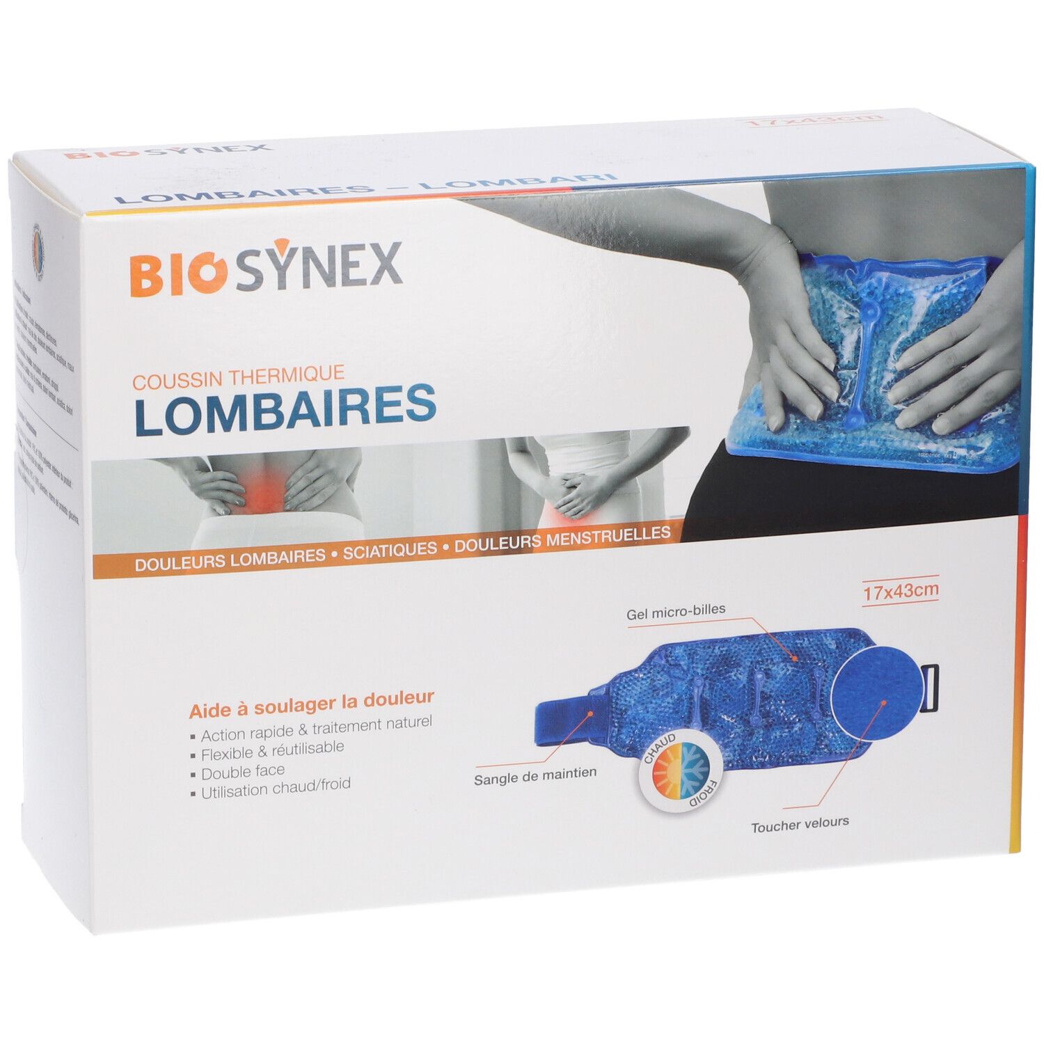 Confezione BIO SYNEX. Cuscino termico lombare. Informazioni sul prodotto e illustrazioni.