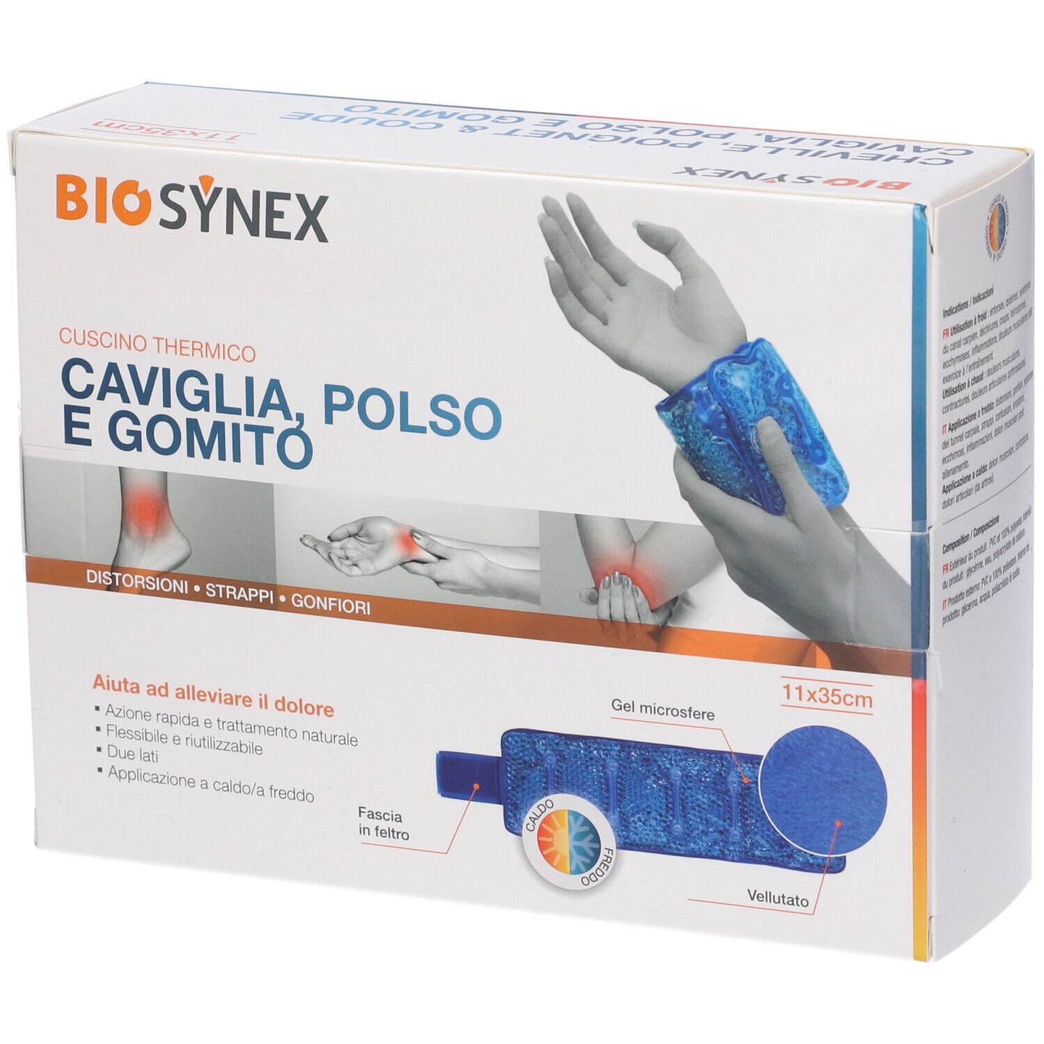 Confezione del prodotto. Scritta: BIO SYNEX, cuscino termico caviglia, polso e gomito. Dimensioni: 11x35cm. Illustrazioni di mano e piede.
