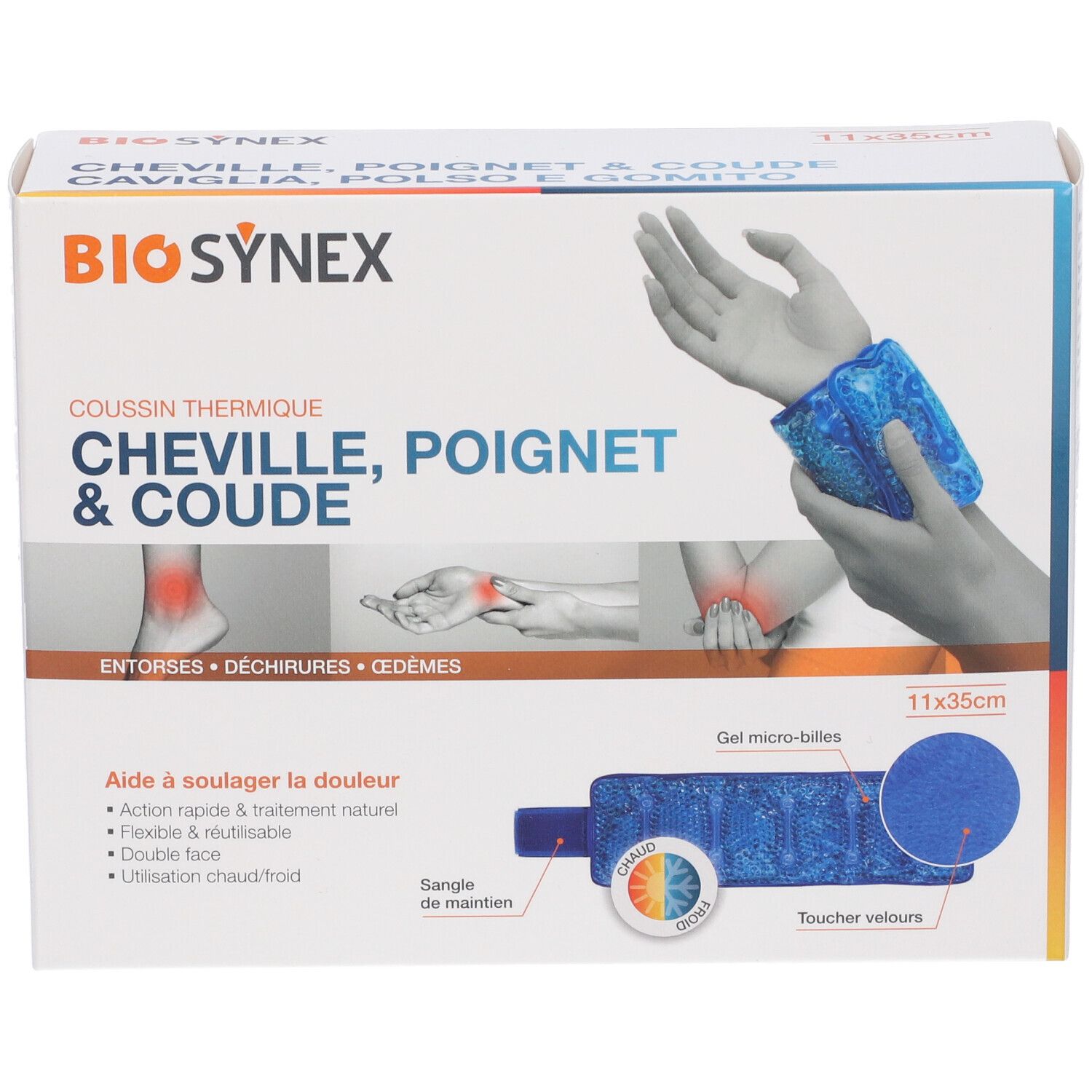 Confezione del prodotto. Scritta: BIO SYNEX, cuscino termico caviglia, polso e gomito. Dimensioni: 11x35cm. Illustrazioni di mano e piede.