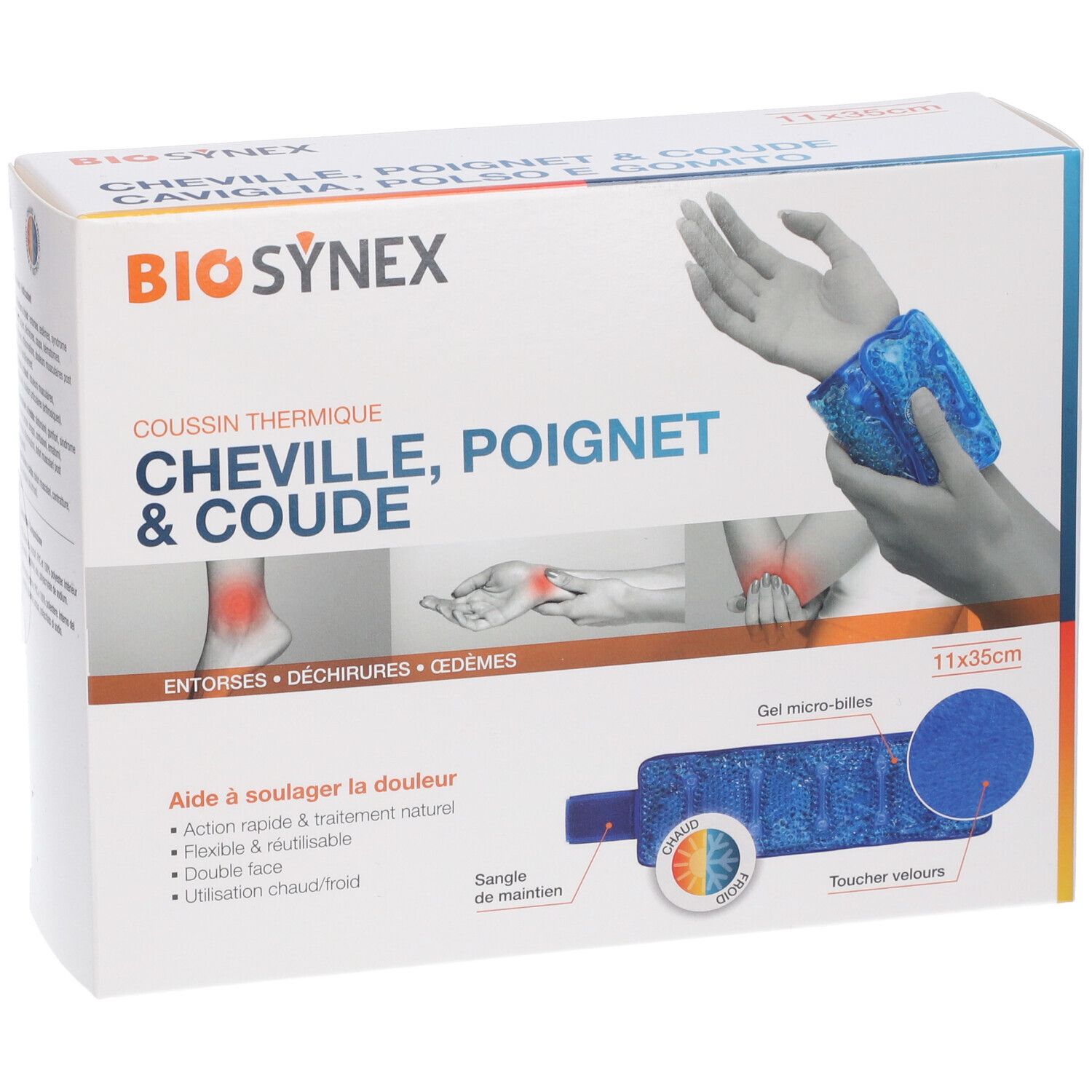Confezione del prodotto. Scritta: BIO SYNEX, cuscino termico caviglia, polso e gomito. Dimensioni: 11x35cm. Illustrazioni di mano e piede.