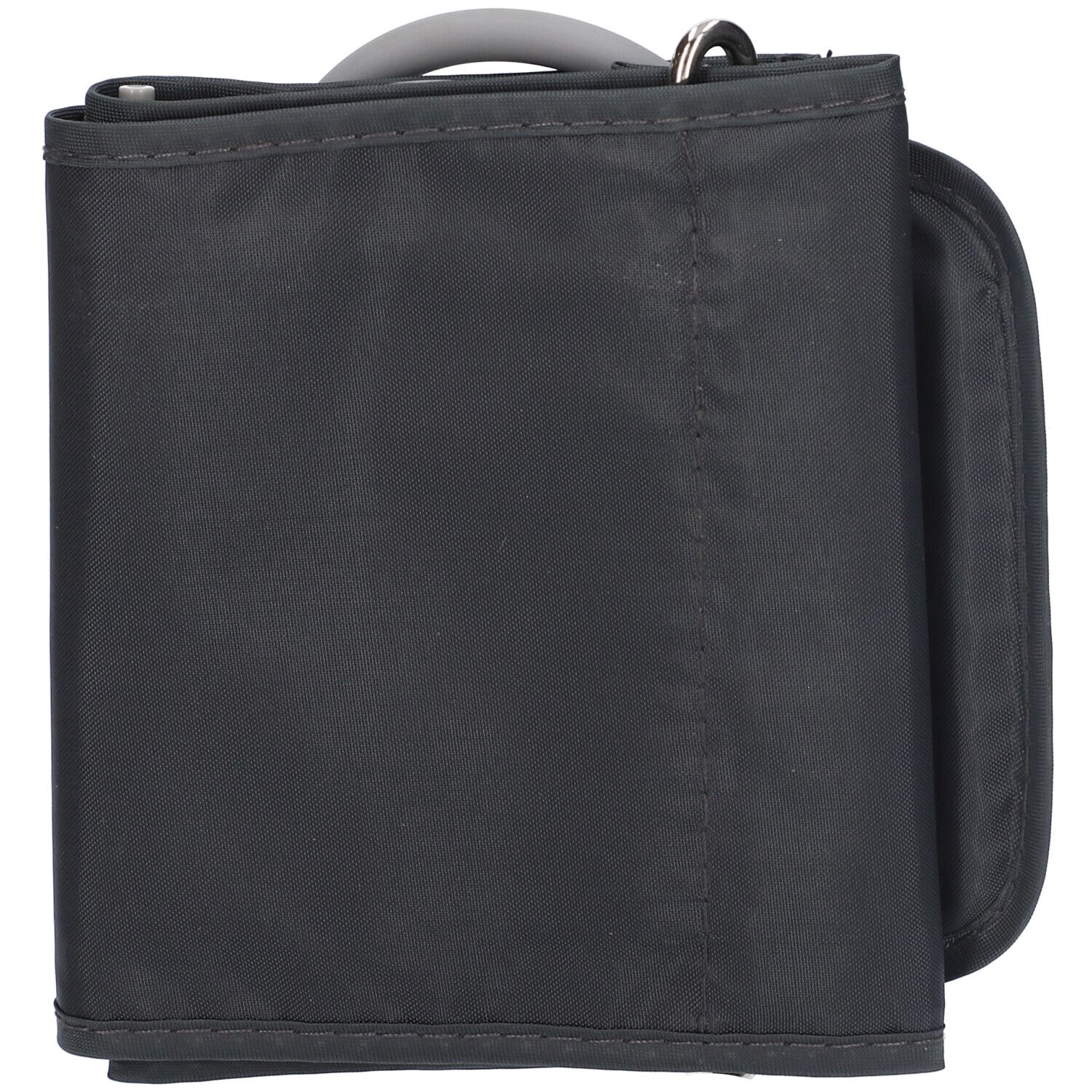 Bracciale nero per misuratore di pressione. Connessione tubo grigia e anello metallico.