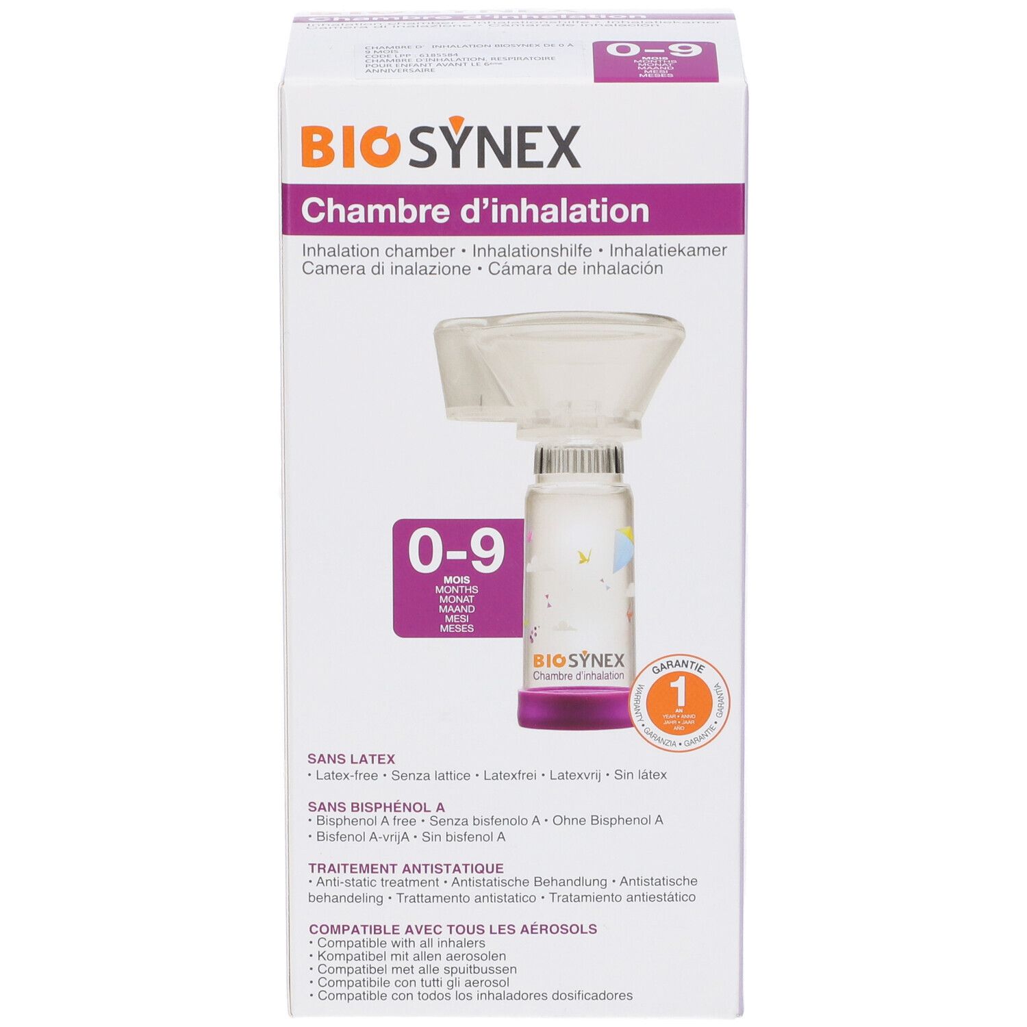 Camera inalazione Biosynex per neonati. Confezione con prodotto e testo. Senza lattice e BPA.