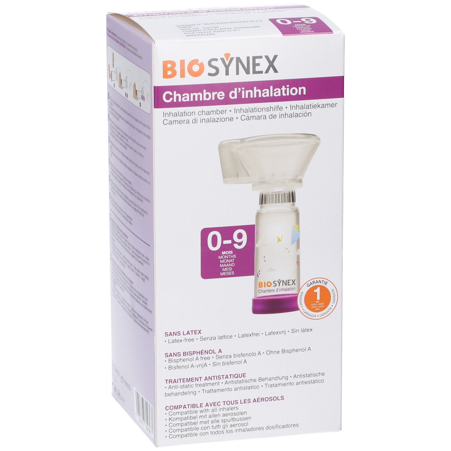 Camera inalazione Biosynex per neonati. Confezione con prodotto e testo. Senza lattice e BPA.