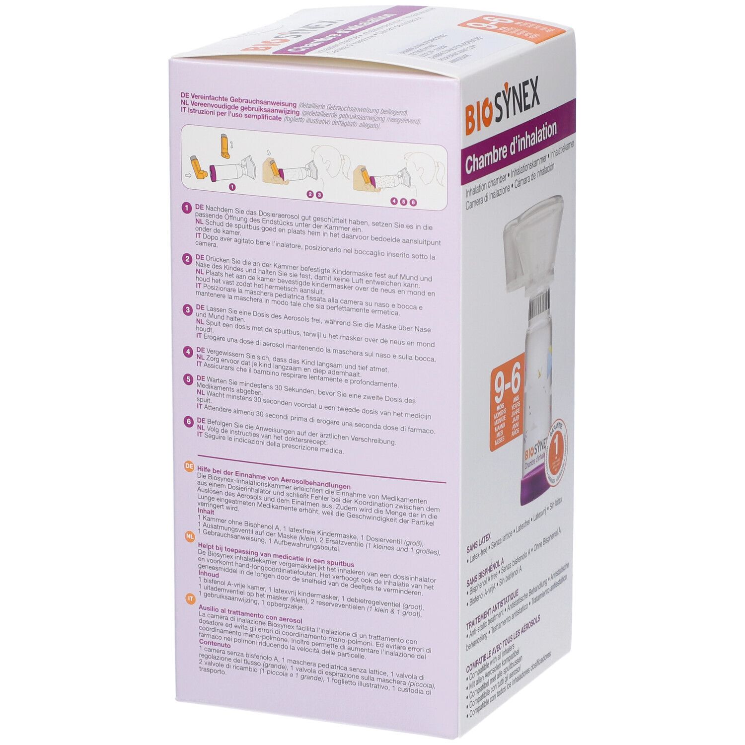 Retro della confezione con istruzioni per l'uso della camera di inalazione.