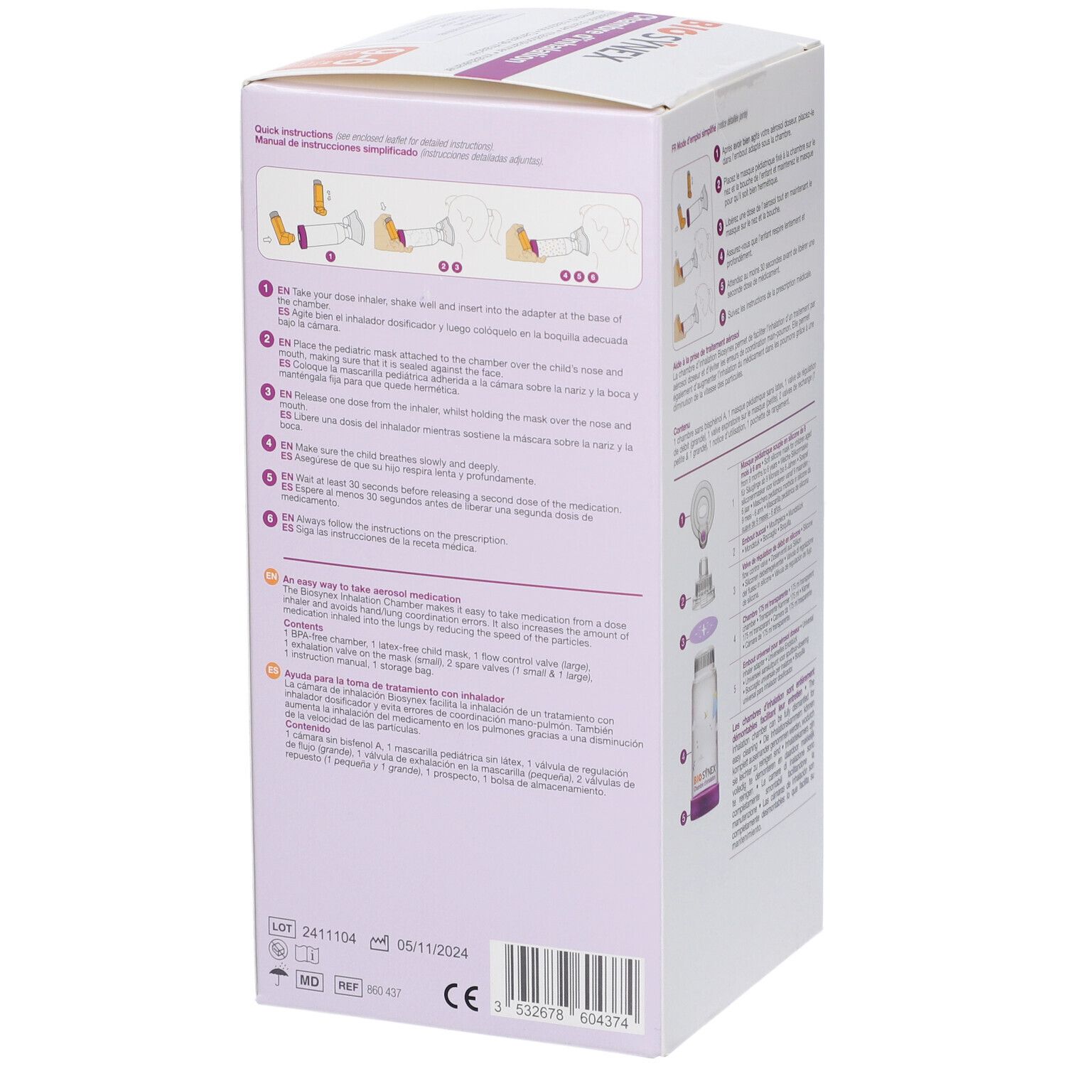 Confezione con camera di inalazione. Istruzioni rapide e informazioni sul prodotto.