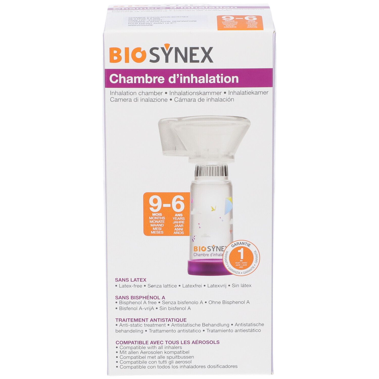 Confezione con camera di inalazione Biosynex. Età consigliata: 9-6 mesi.