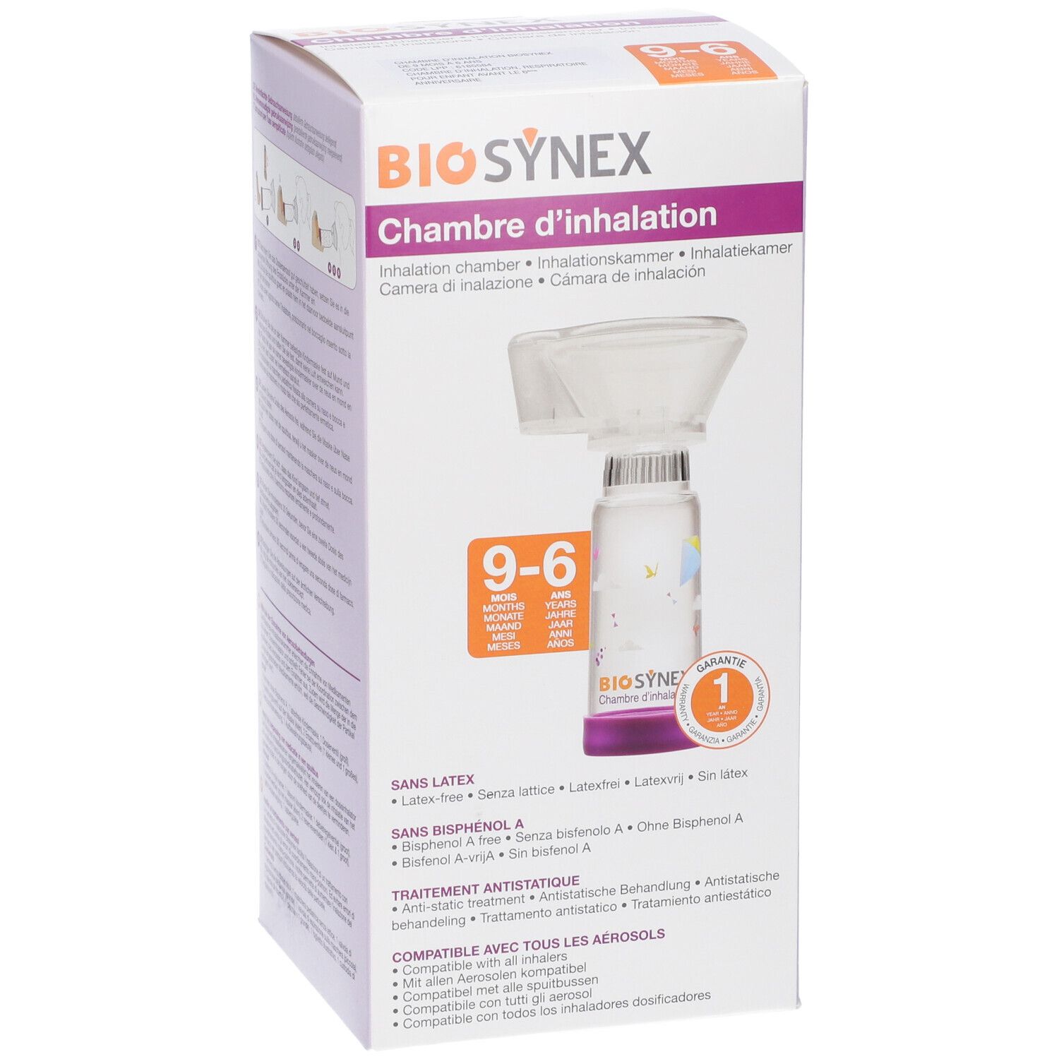 Confezione con camera di inalazione Biosynex. Età consigliata: 9-6 mesi.
