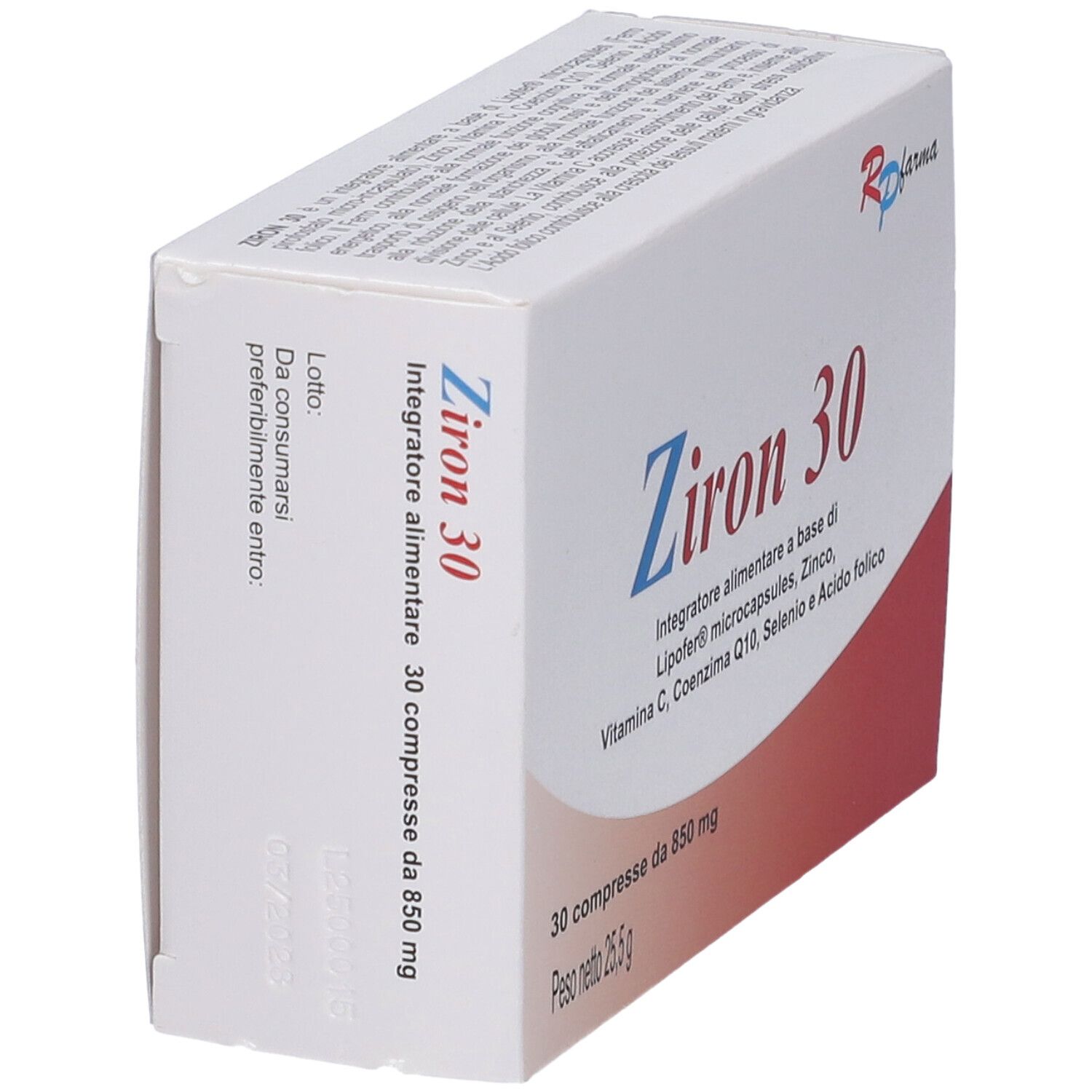 Scatola 'Ziron 30' in prospettiva. Scritto: 'Integratore alimentare'.