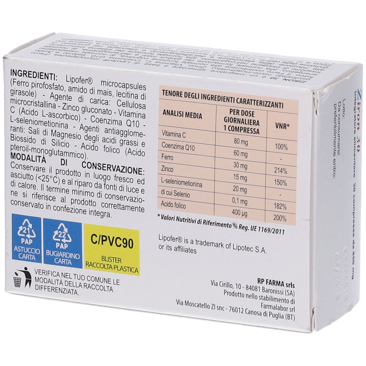 Retro della scatola 'Ziron 30'. Contiene informazioni sugli ingredienti e i valori nutrizionali.