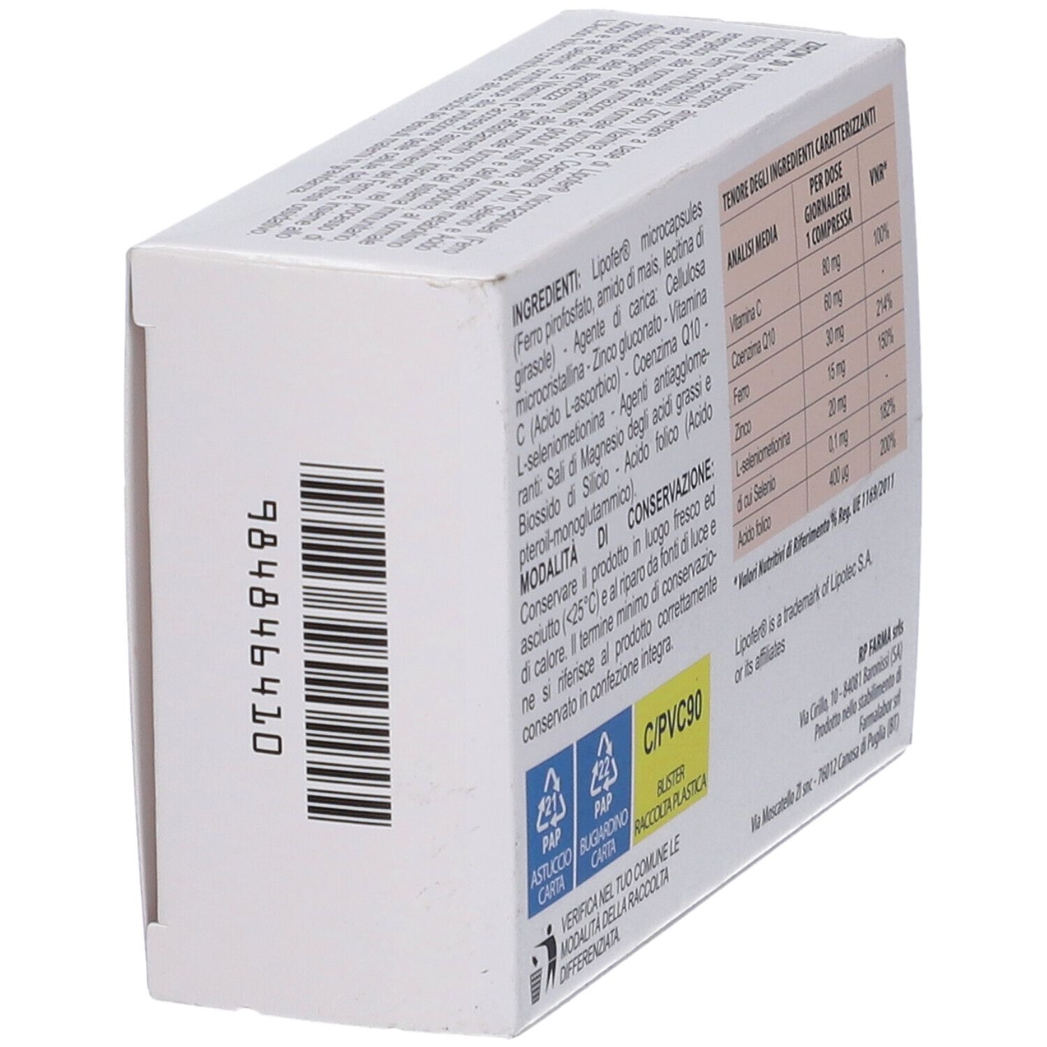 Scatola 'Ziron 30' in prospettiva. Retro con informazioni.