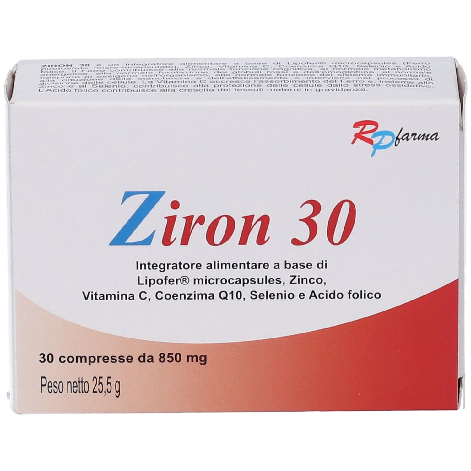 Scatola 'Ziron 30'. Scritto: 'Integratore alimentare'. Contiene 30 compresse.
